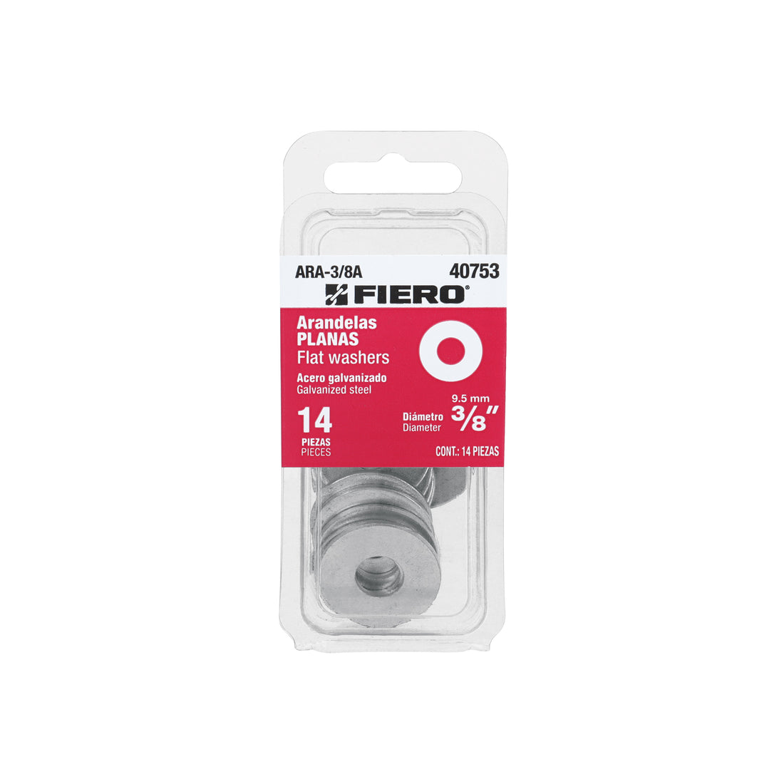 Blíster con 14 arandelas planas de 3/8", FIERO