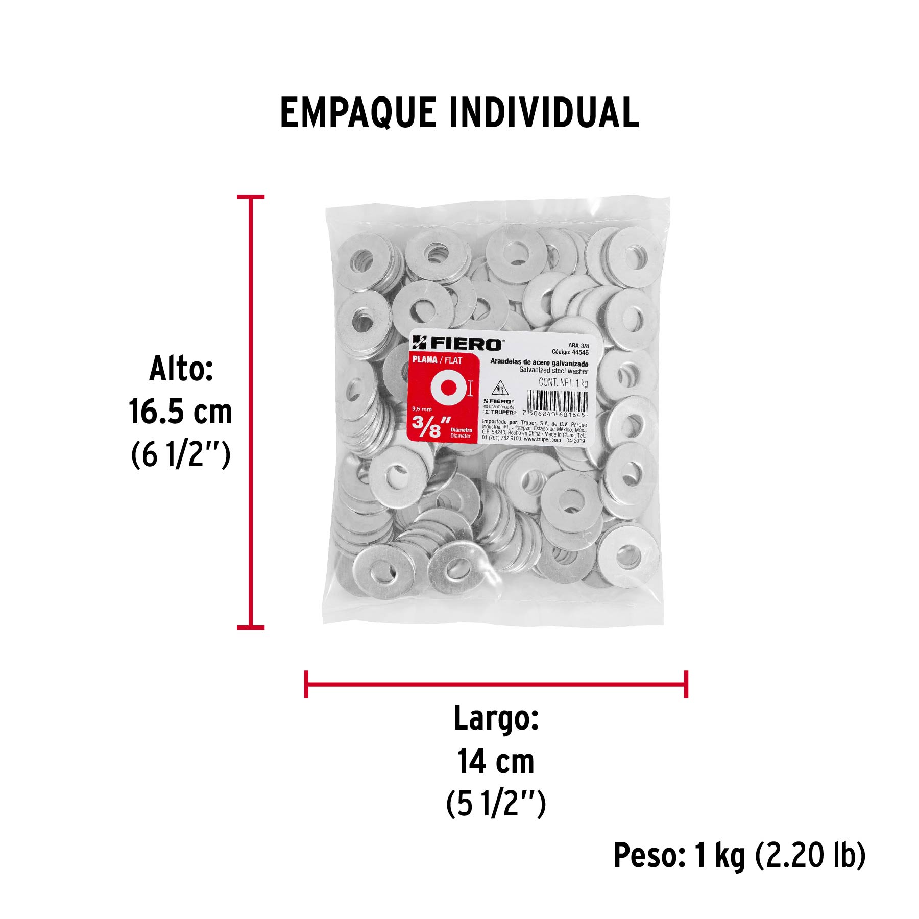 Bolsa de 1 kilo arandelas planas galvanizadas 3/8", FIERO - Empaque
