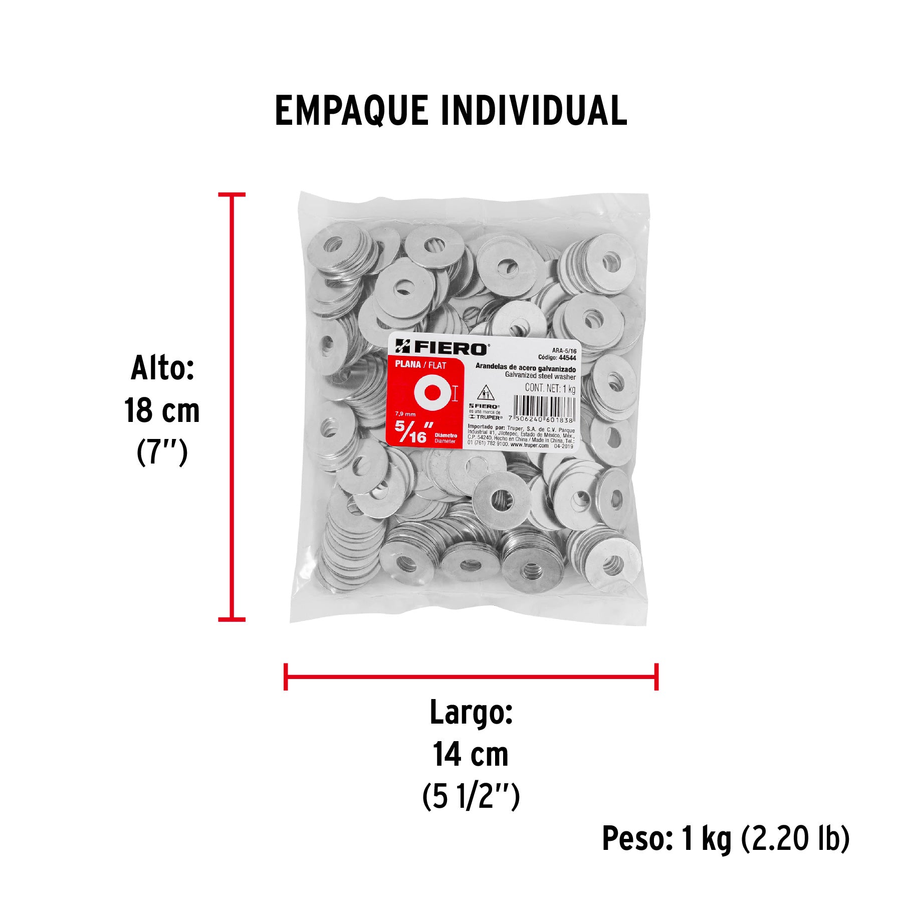 Bolsa de 1 kilo arandelas planas galvanizadas 5/16", FIERO - Empaque