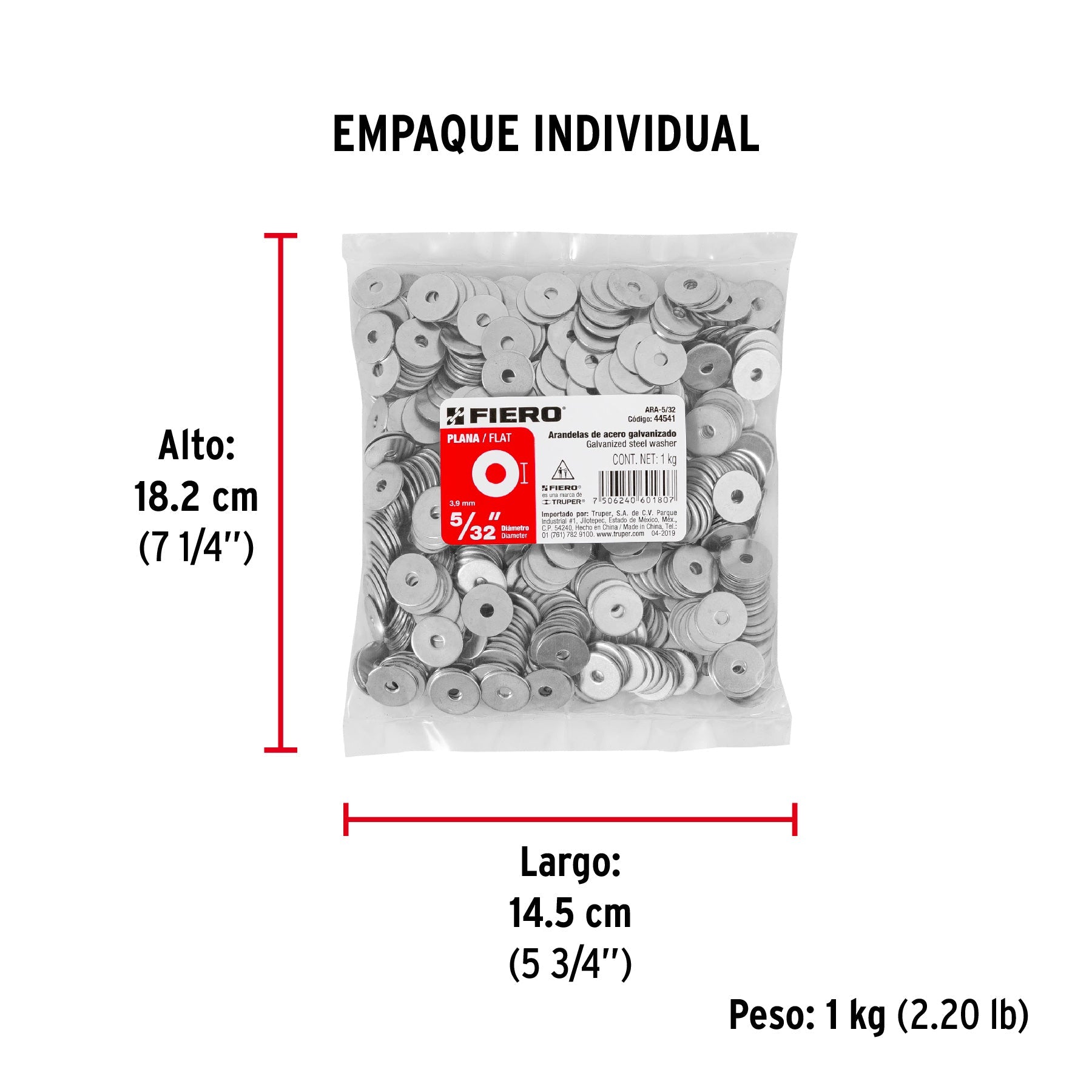 Bolsa de 1 kilo arandelas planas galvanizadas 5/32", FIERO - Empaque