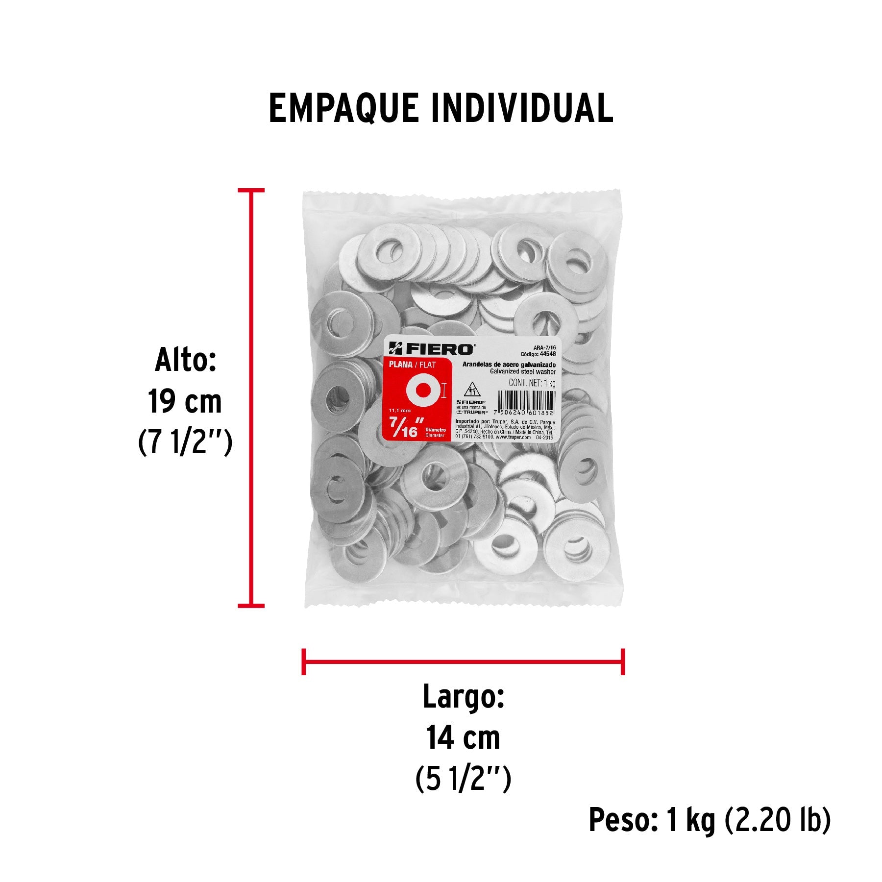 Bolsa de 1 kilo arandelas planas galvanizadas 7/16", FIERO - Empaque