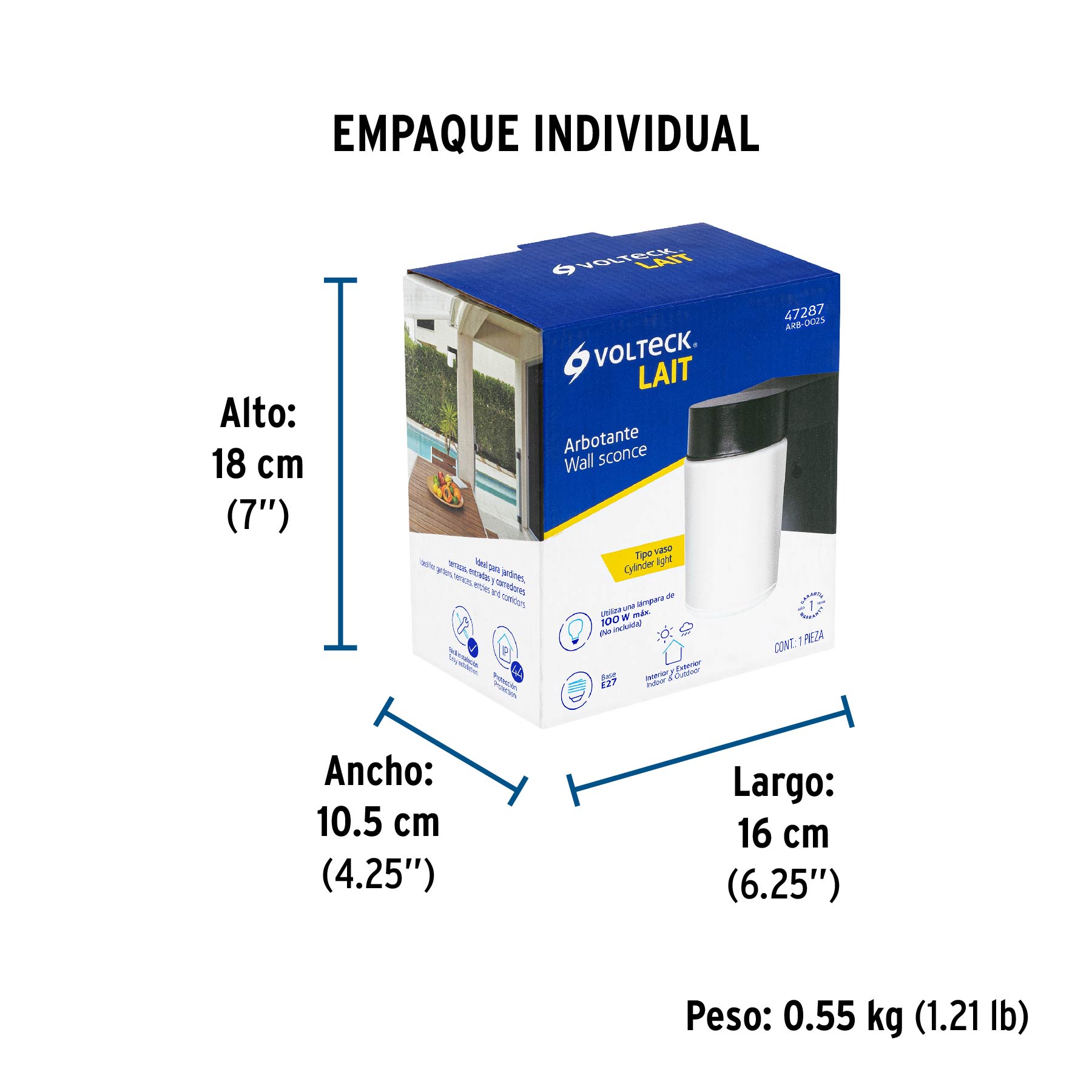 Arbotante de pared tipo vaso, lámpara no incluida, VOLTECK - Empaque