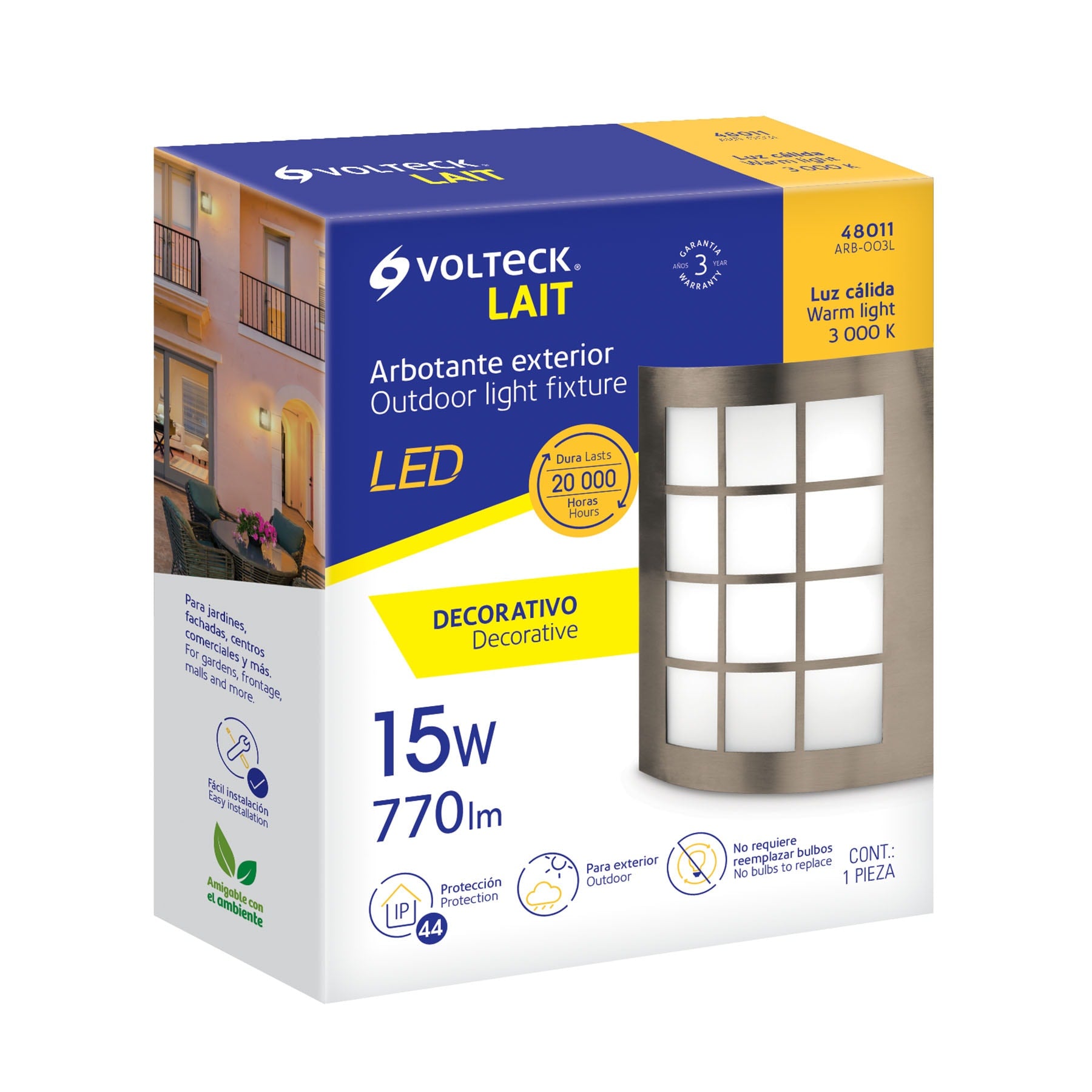 Arbotante LED exterior 15 W 3000K, 18x22 cm, VOLTECK
