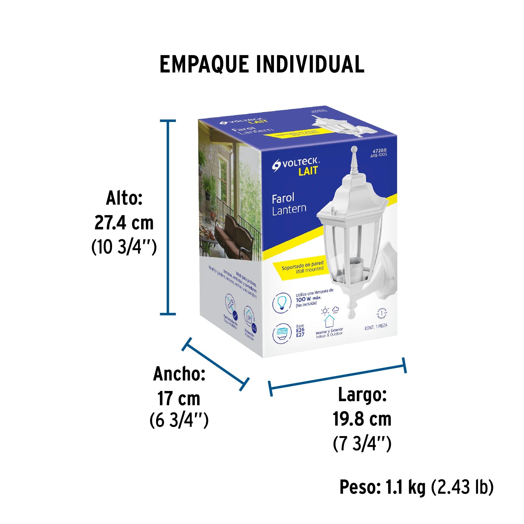Arbotante tipo farol tradicional soportado p/exterior blanco - Empaque