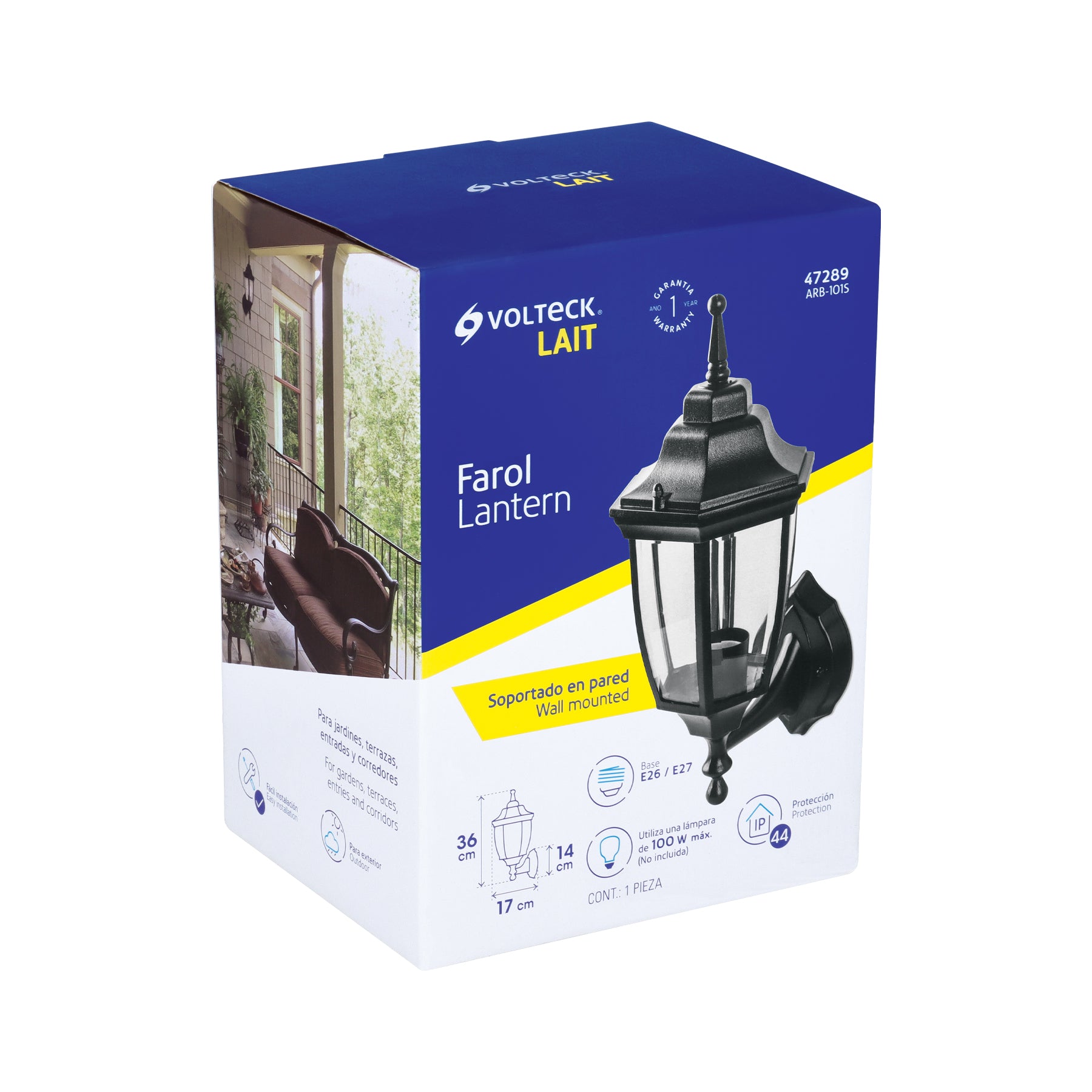 Arbotante tipo farol tradicional soportado p/exterior, negro