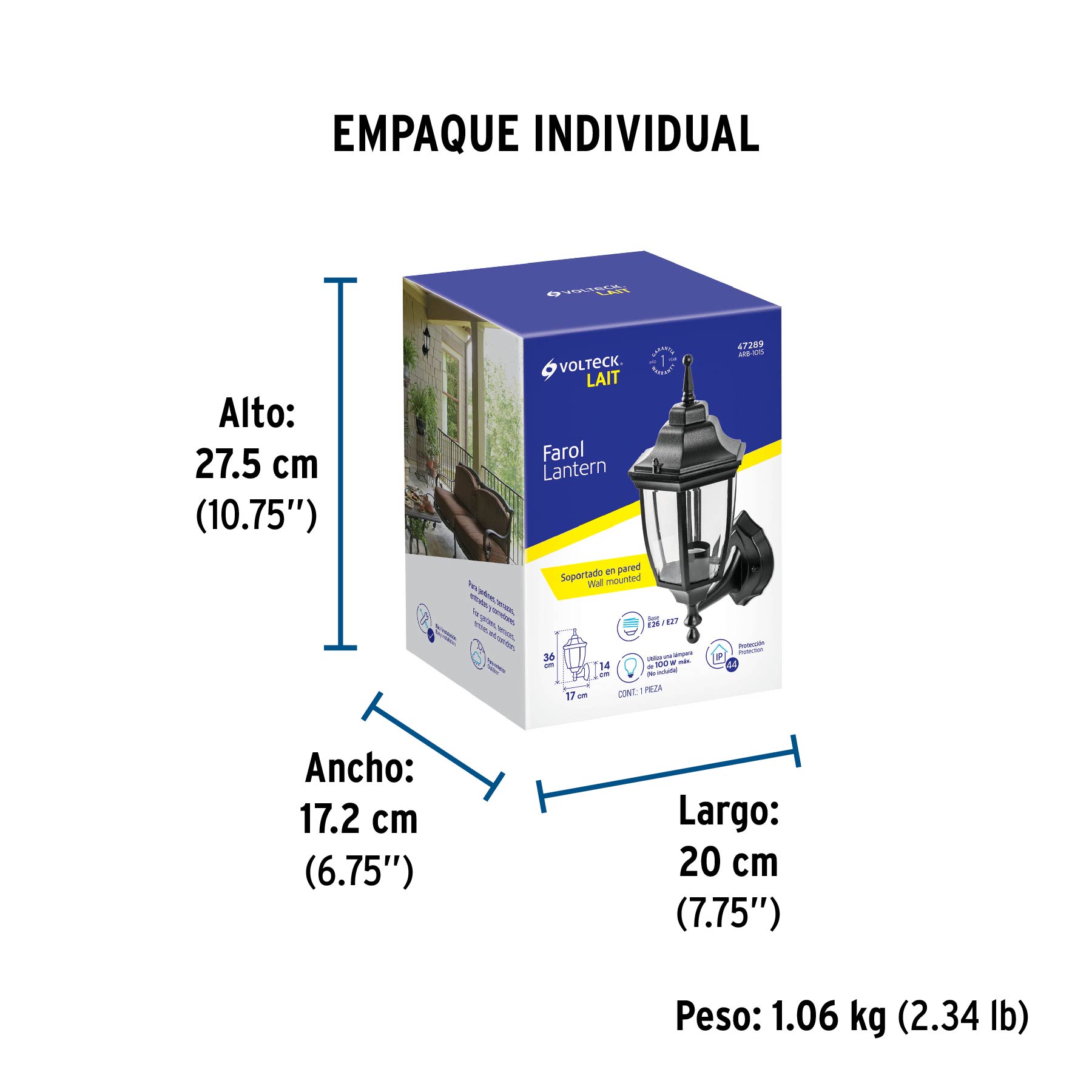 Arbotante tipo farol tradicional soportado p/exterior, negro - Empaque