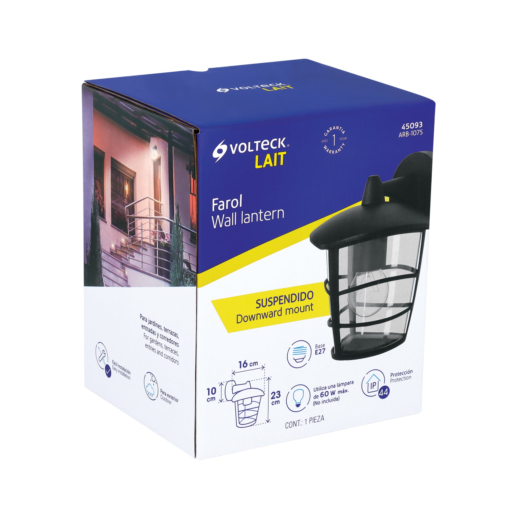 Arbotante tipo farol moderno suspendido p/exteriores, negro