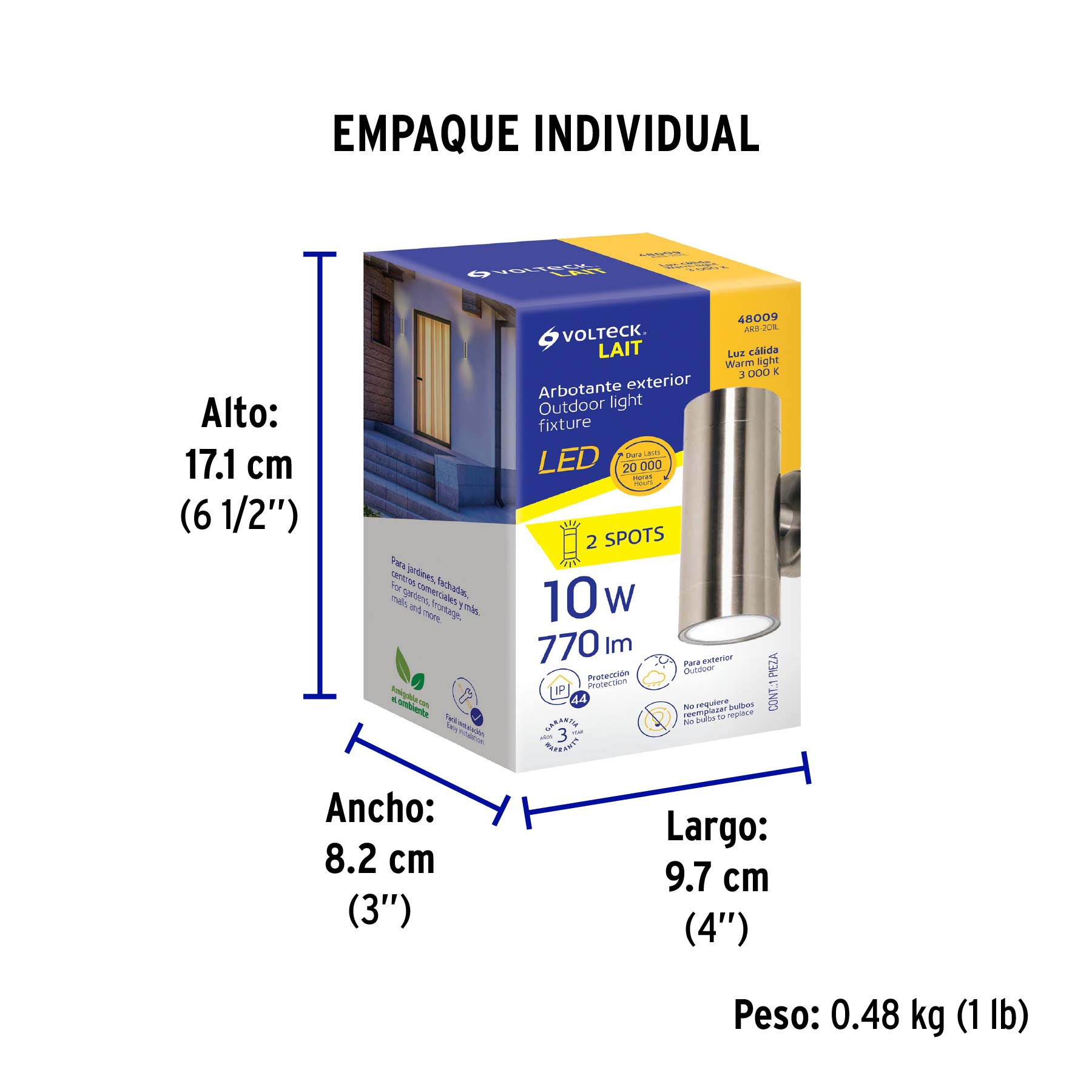 Arbotante LED exterior 10 W 3000K, 2 spots, 6x16 cm, VOLTECK - Empaque