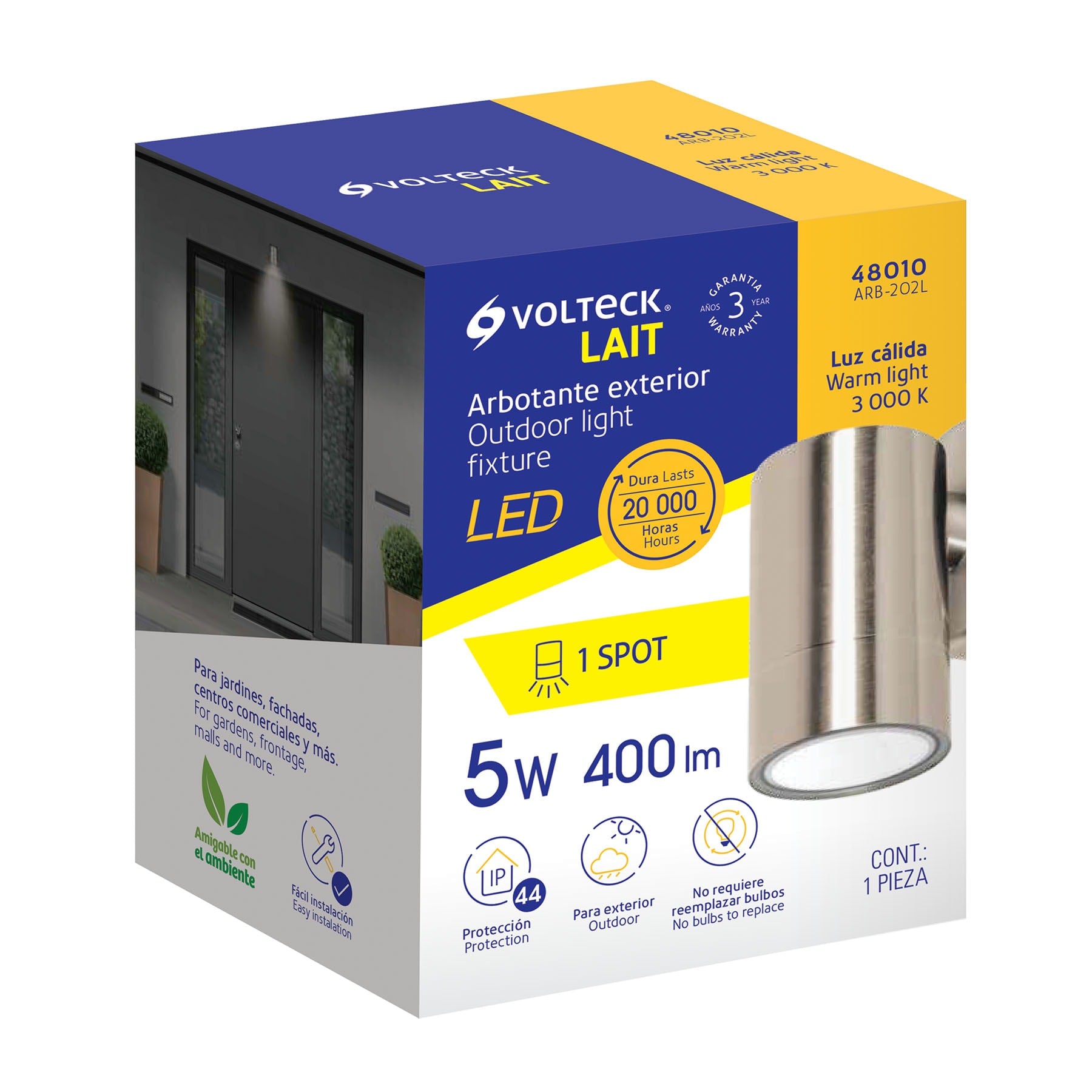 Arbotante LED exterior 5 W 3000K, 1 spot, 6x9 cm, VOLTECK