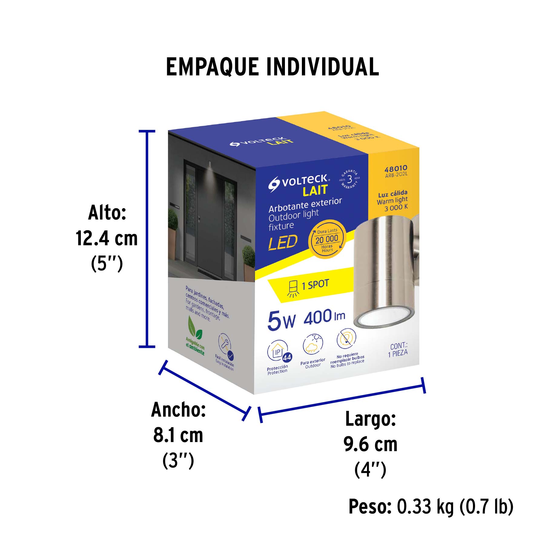 Arbotante LED exterior 5 W 3000K, 1 spot, 6x9 cm, VOLTECK - Empaque