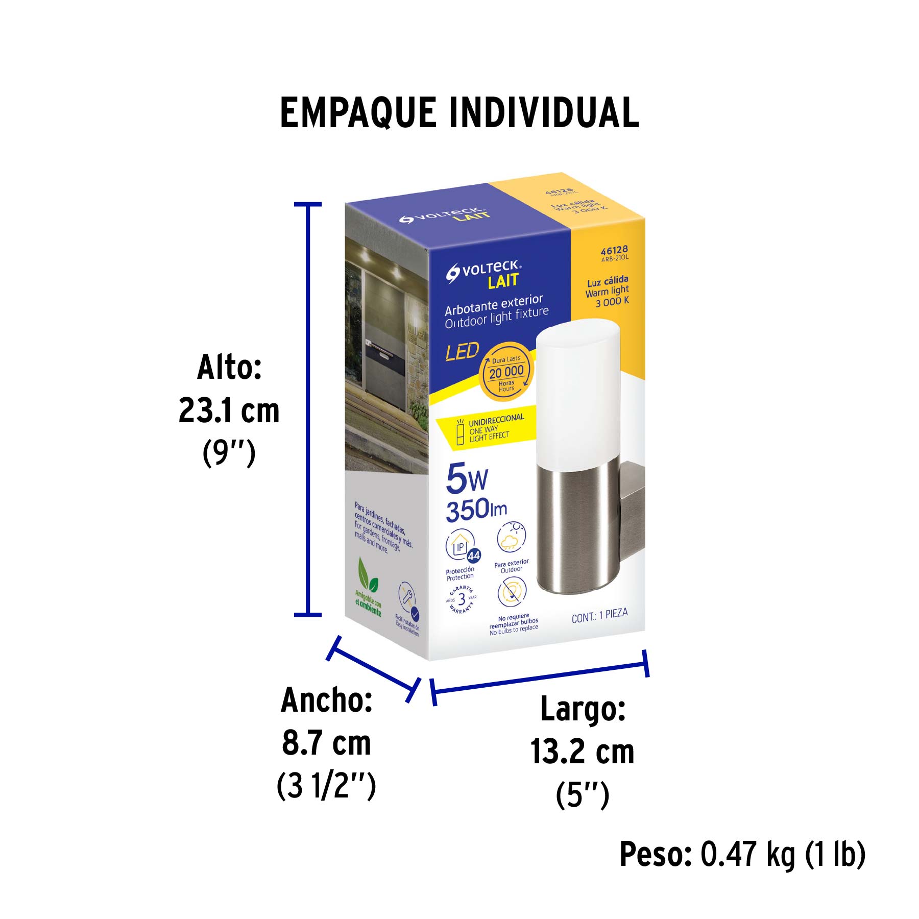Arbotante LED exterior 5 W 3000K 1 spot, 7x22 cm, VOLTECK - Empaque