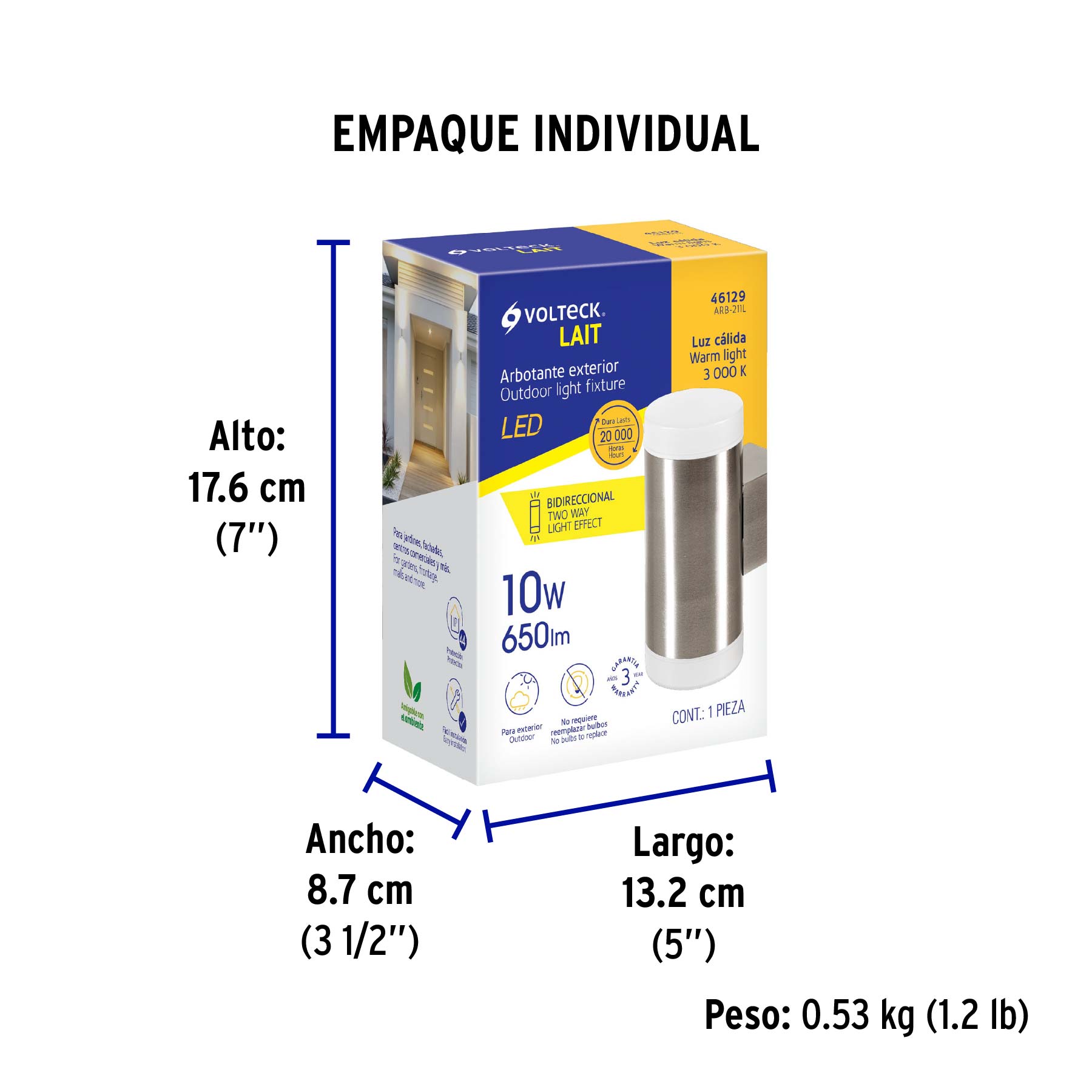 Arbotante LED exterior 10 W 3000K 2 spots, 7x17 cm, VOLTECK - Empaque