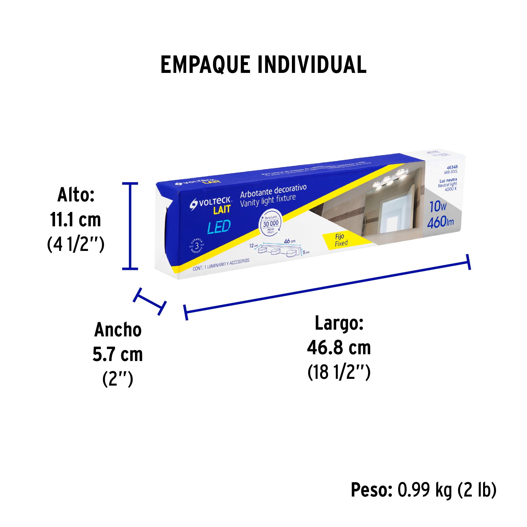 Luminario LED de pared para baño 10W 4000K, 3 spots, VOLTECK - Empaque