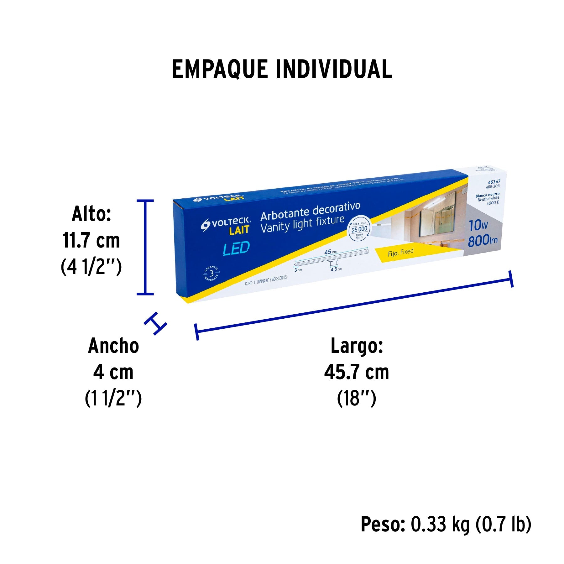 Luminario LED de pared para baño 10W 4000K, lineal, VOLTECK - Empaque