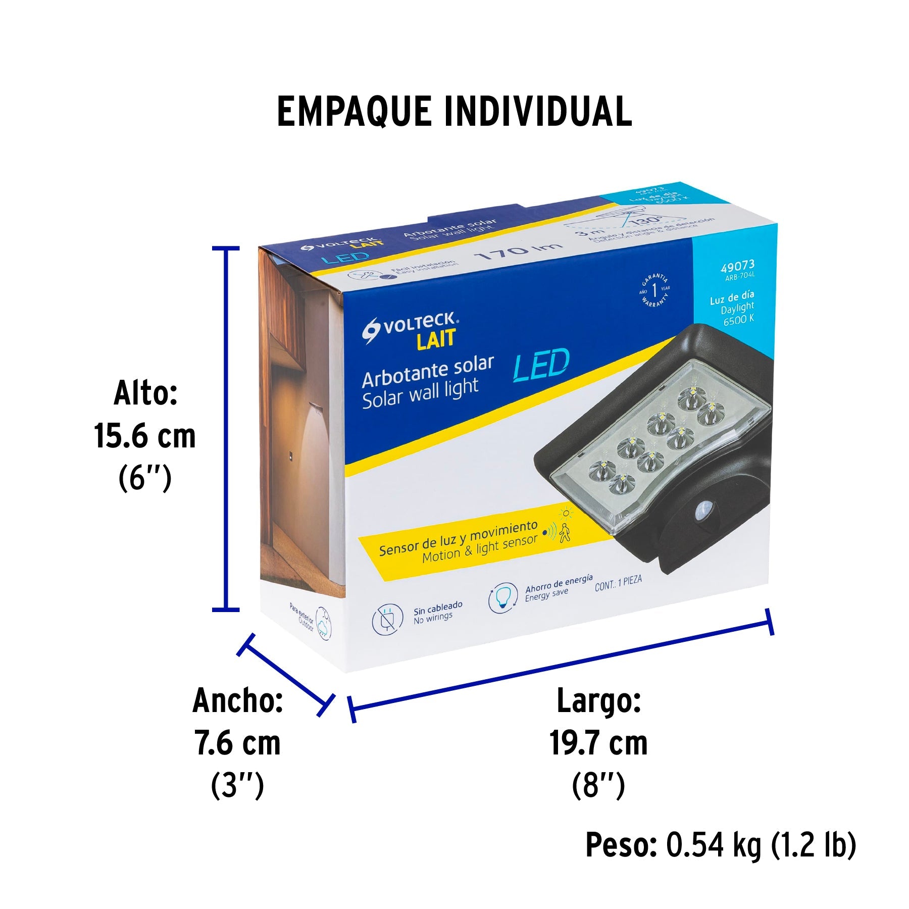 Arbotante solar LED 1.1 W con sensor de movimiento, VOLTECK - Empaque