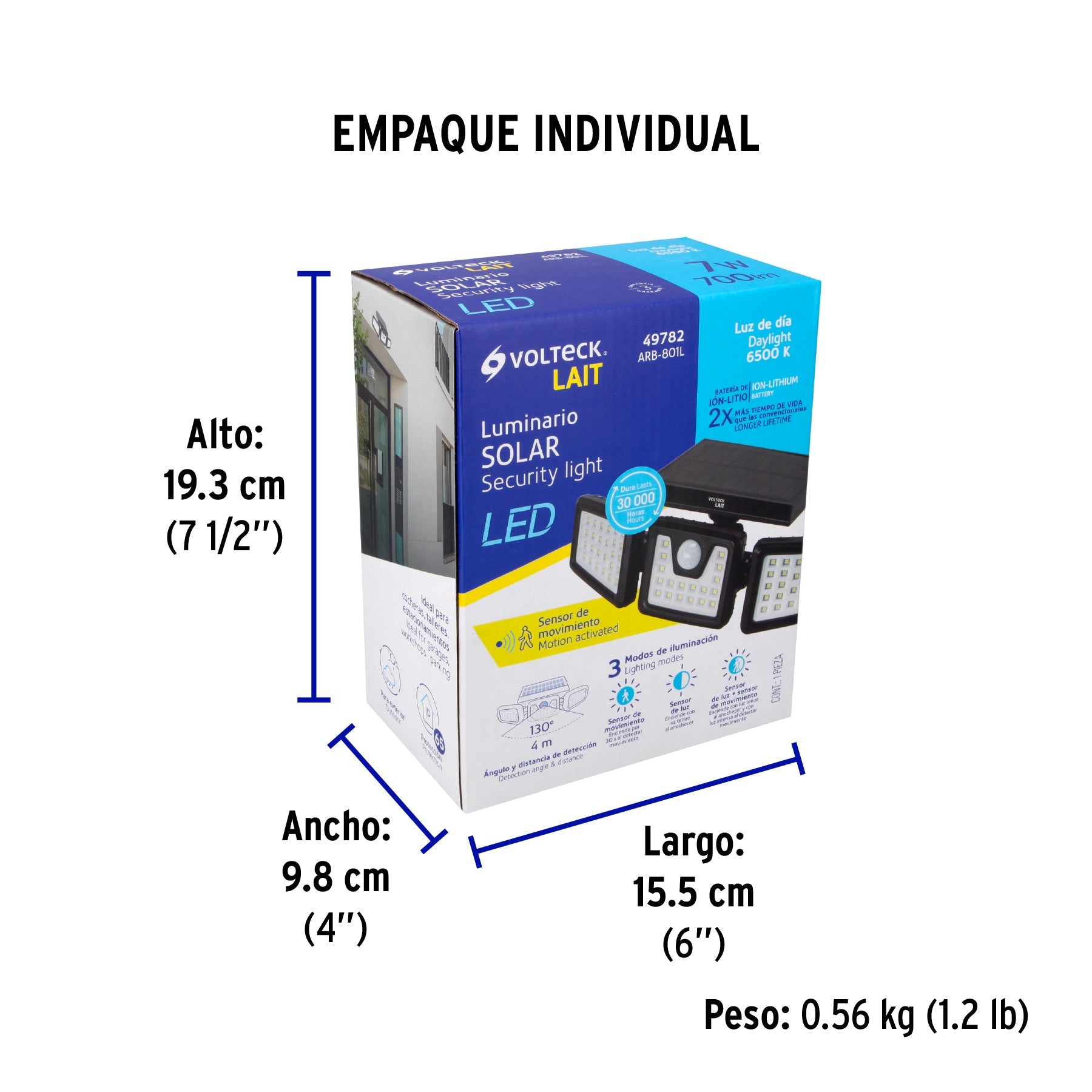 Luminario Solar LED 7W 65000K, sensor de movimiento, VOLTECK - Empaque