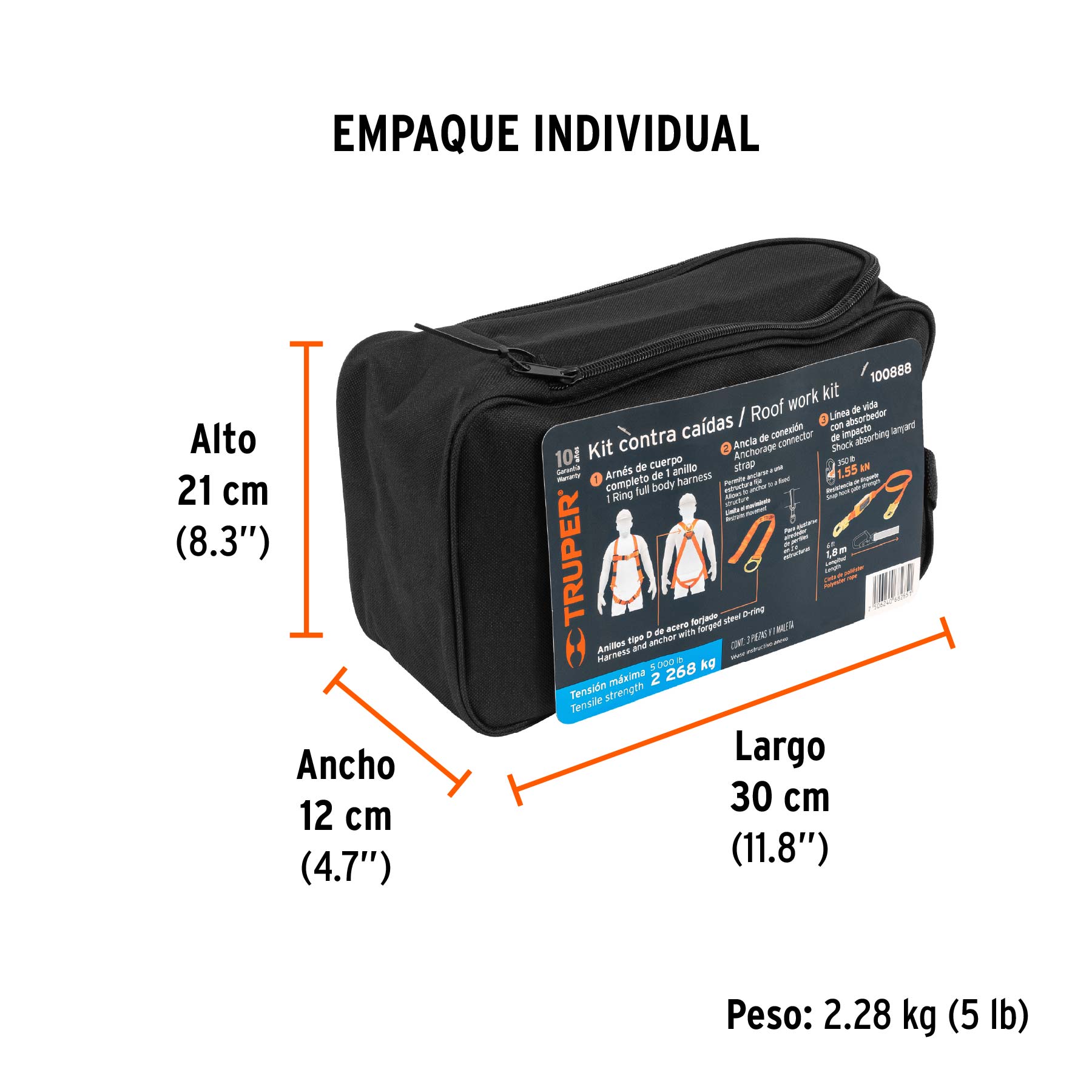 Kit contra caídas con arnés de un anillo, TRUPER - Empaque