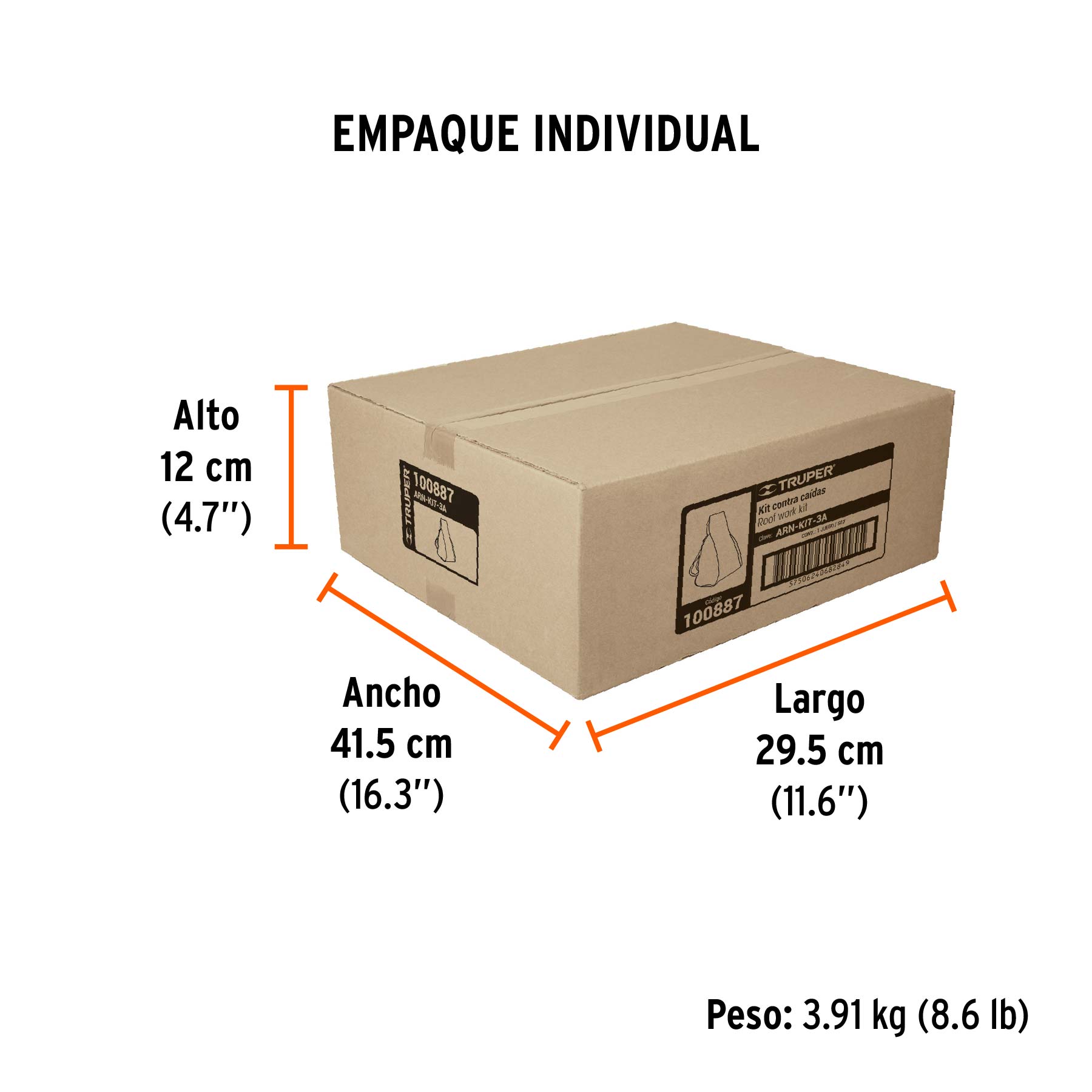 Kit contra caídas con arnés de tres anillos, ANSI, TRUPER - Empaque