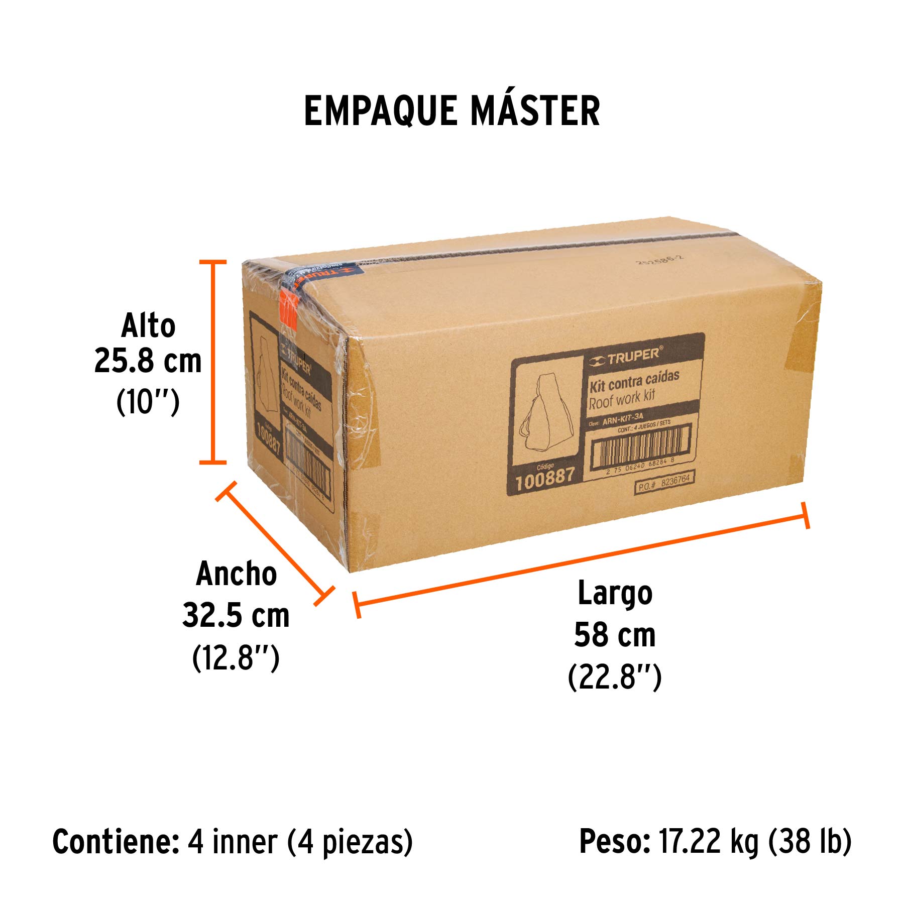 Kit contra caídas con arnés de tres anillos, ANSI, TRUPER - Empaque