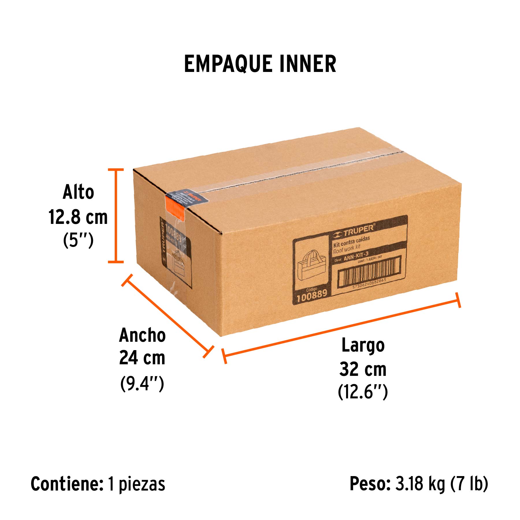 Kit contra caídas con arnés de tres anillos, TRUPER - Empaque