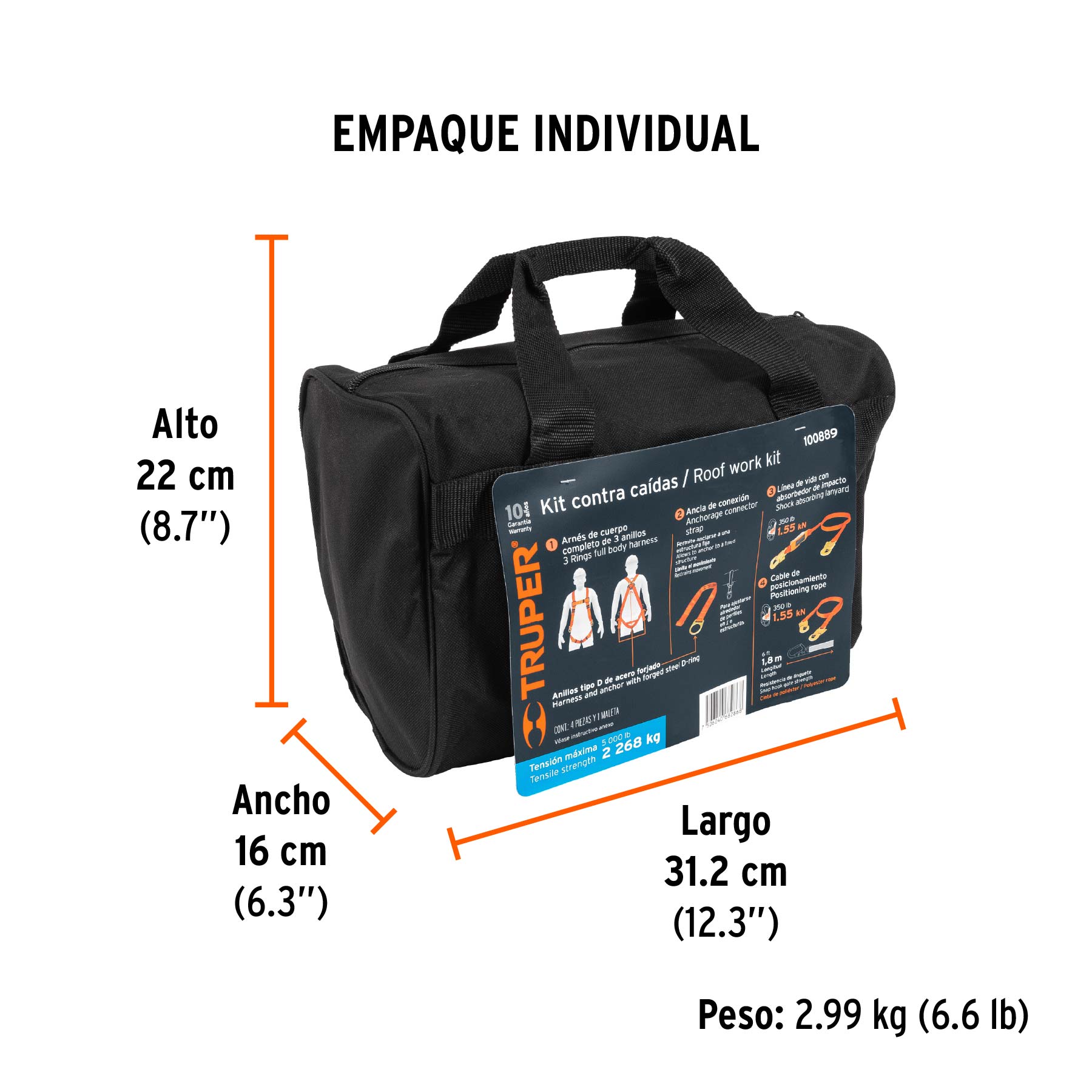 Kit contra caídas con arnés de tres anillos, TRUPER - Empaque