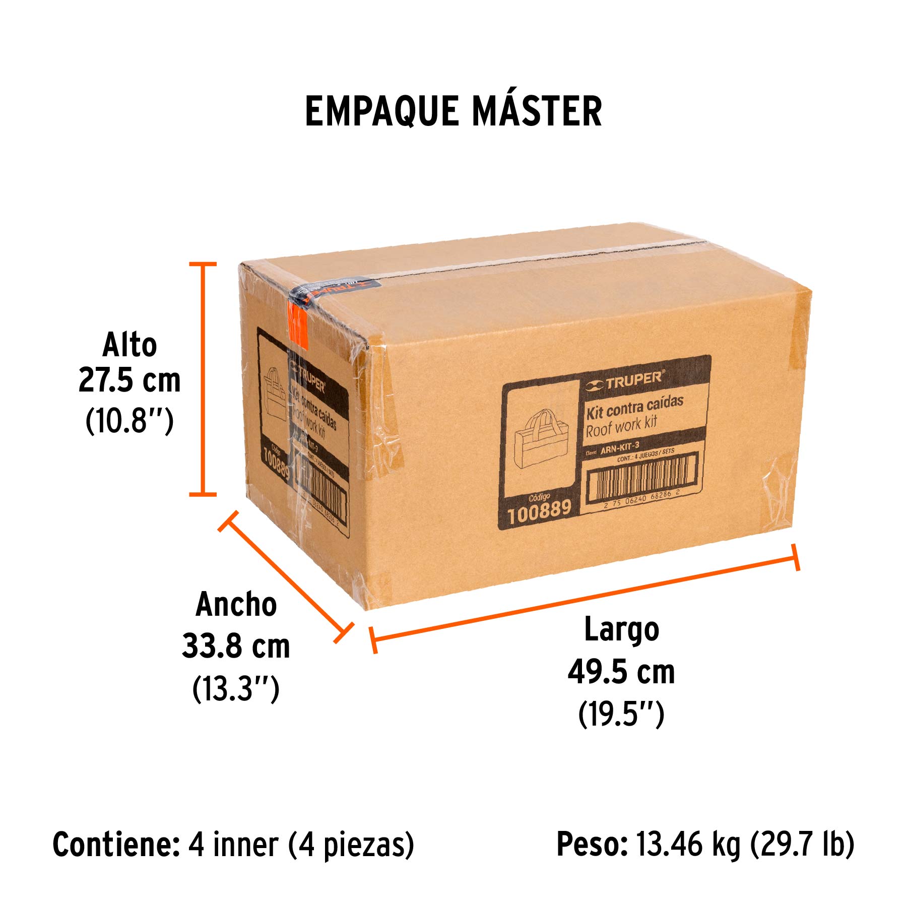 Kit contra caídas con arnés de tres anillos, TRUPER - Empaque