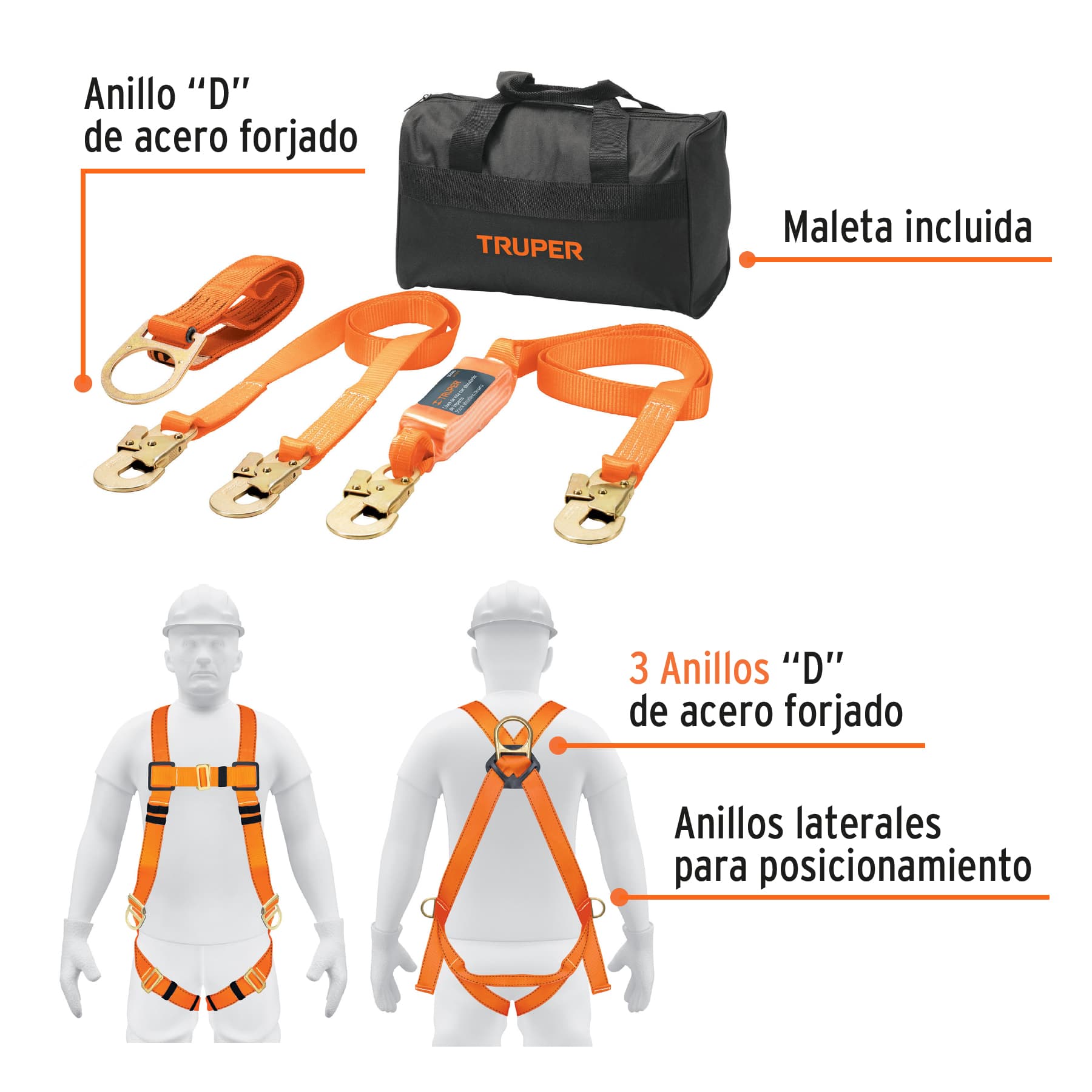 Kit contra caídas con arnés de tres anillos, TRUPER