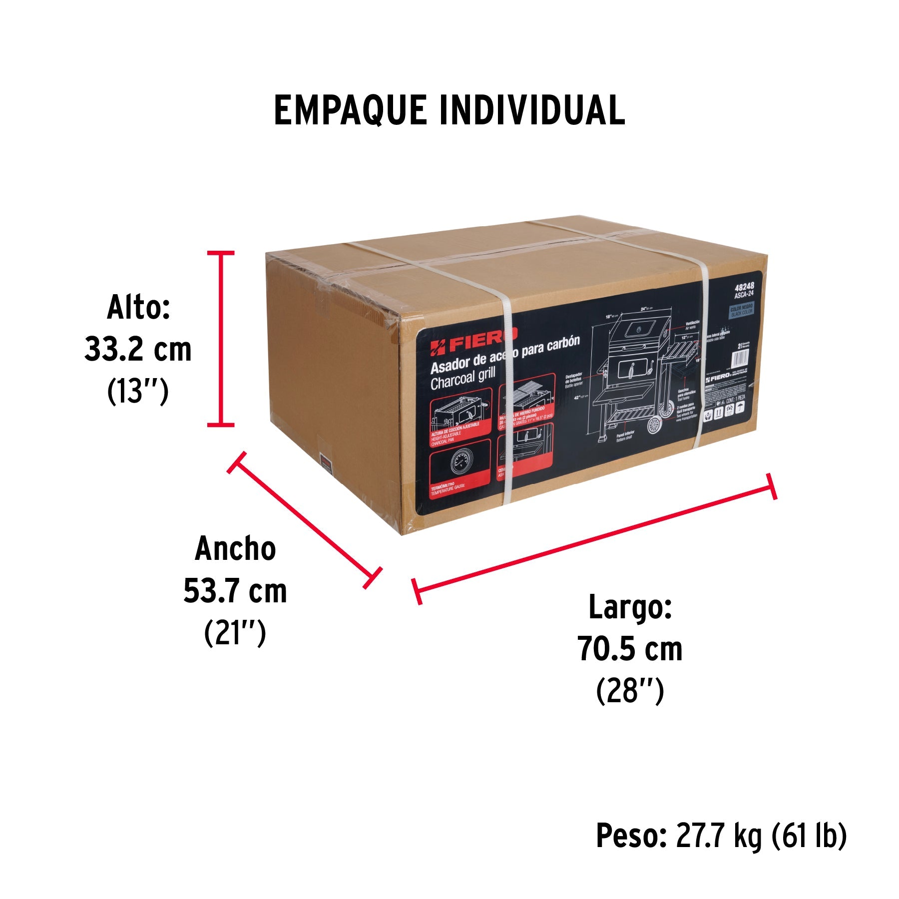 Asador de carbón de 24" con tapa, negro, FIERO - Empaque