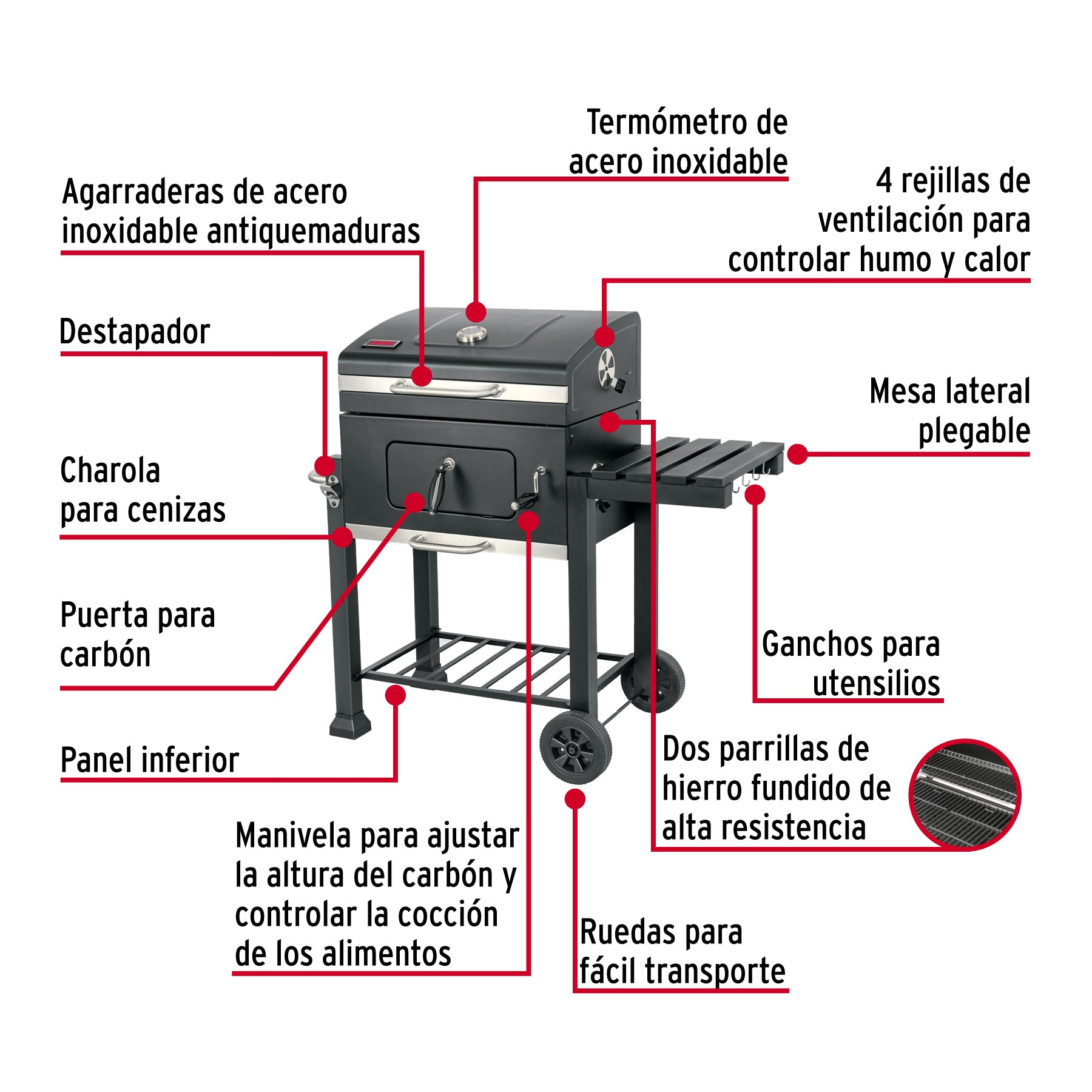 Asador de carbón de 24" con tapa, negro, FIERO