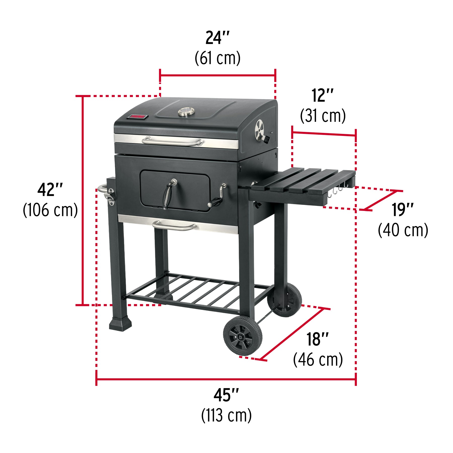 Asador de carbón de 24" con tapa, negro, FIERO