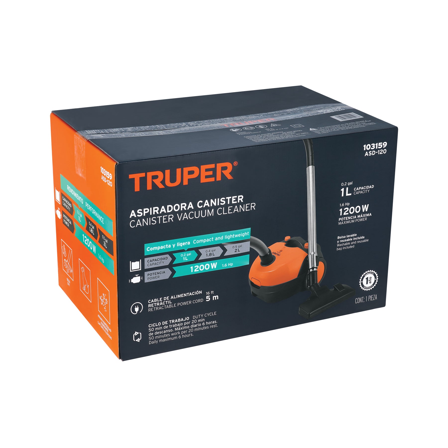 Aspiradora canister 1 L (0.2 gal),1,200 W (1.6 HP), TRUPER
