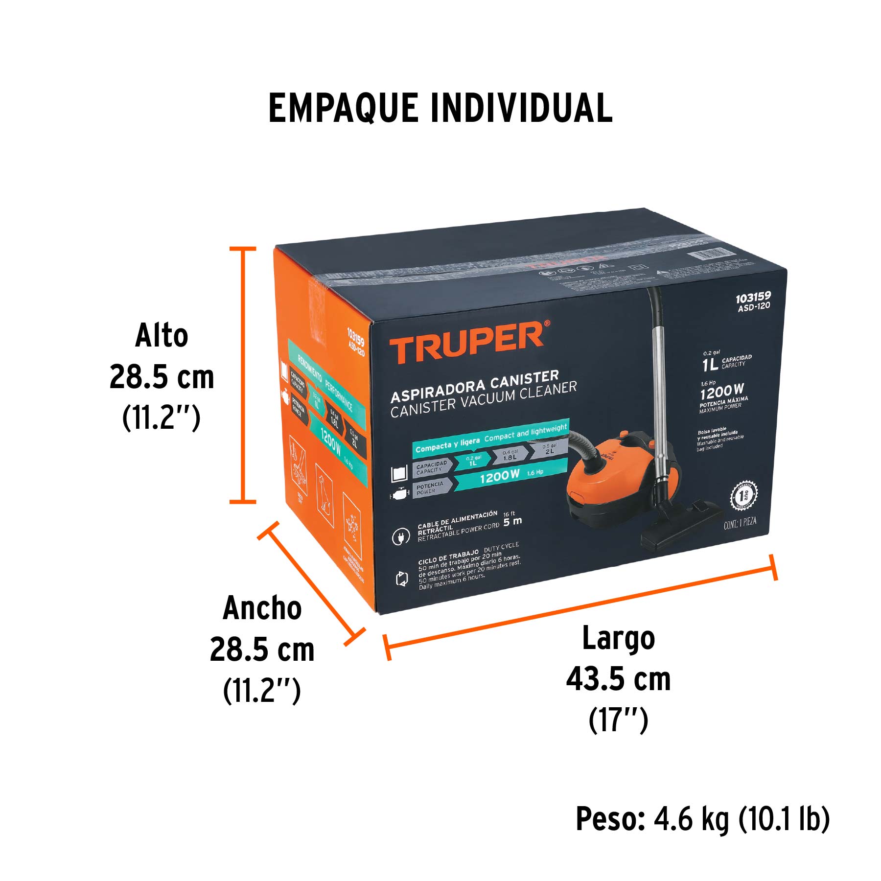 Aspiradora canister 1 L (0.2 gal),1,200 W (1.6 HP), TRUPER - Empaque