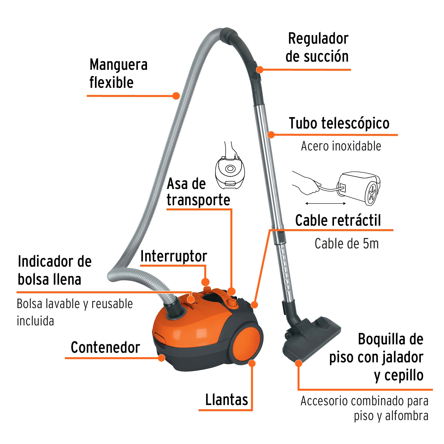 Aspiradora canister 1 L (0.2 gal),1,200 W (1.6 HP), TRUPER