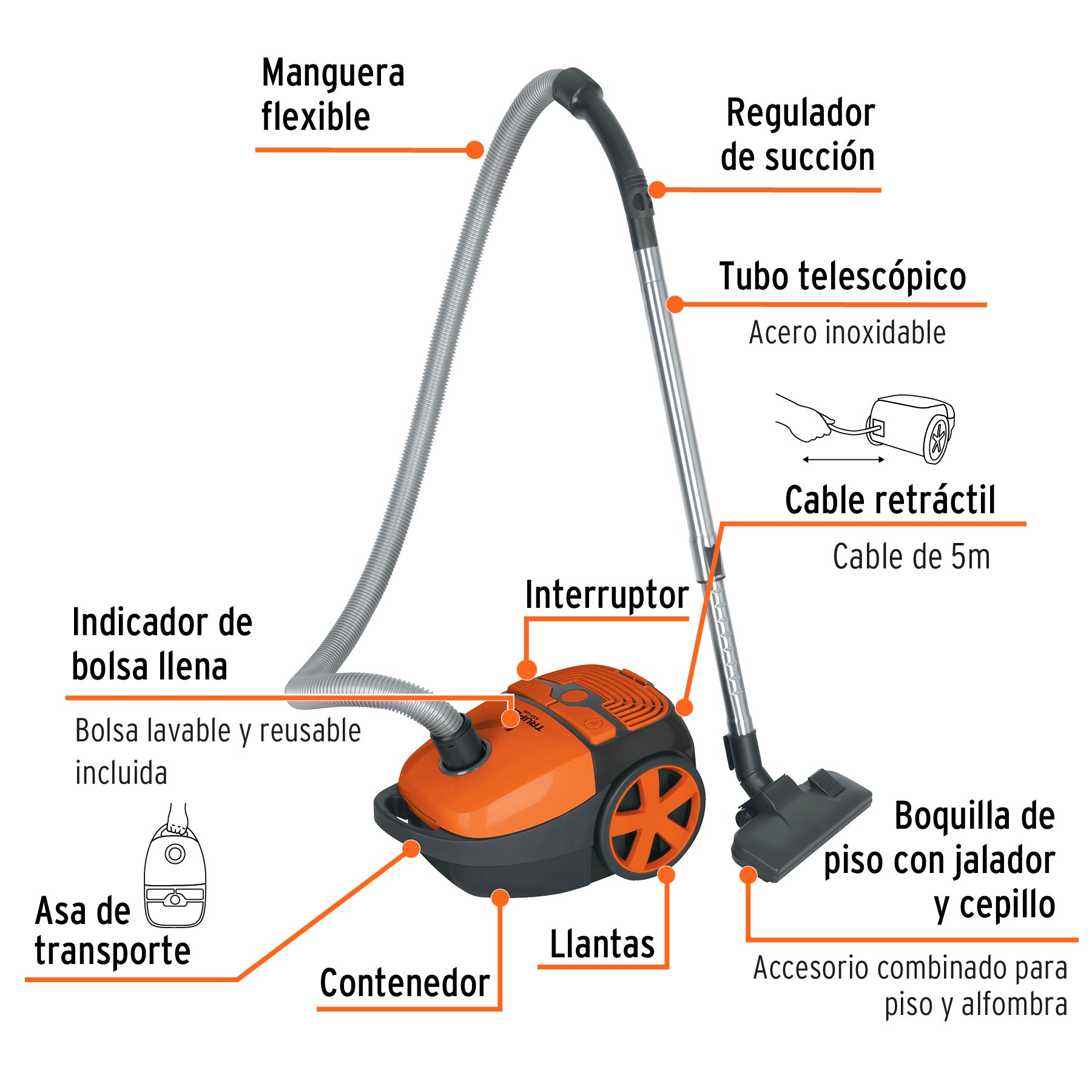 Aspiradora canister 1.8 L (0.4 gal),1,200 W (1.6 HP), TRUPER