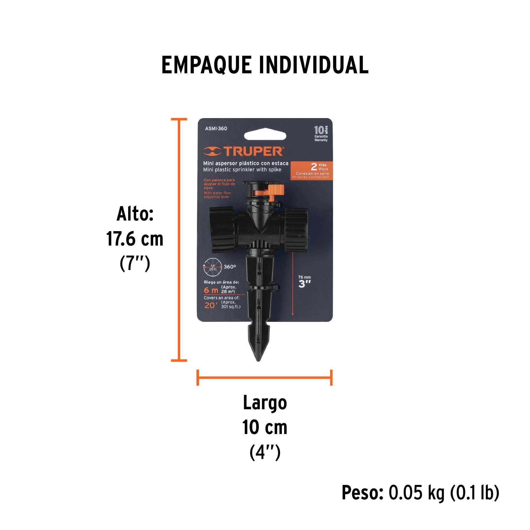Mini aspersor plástico, dos vías, irrigación 360°, TRUPER - Empaque