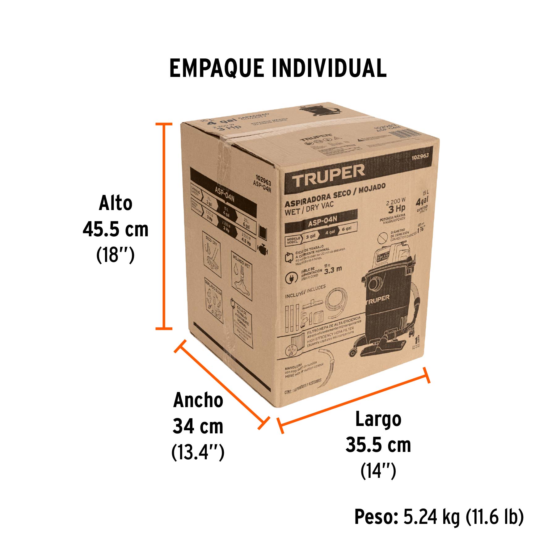Aspiradora de sólidos y líquidos, 4 gal, plástica, negra - Empaque
