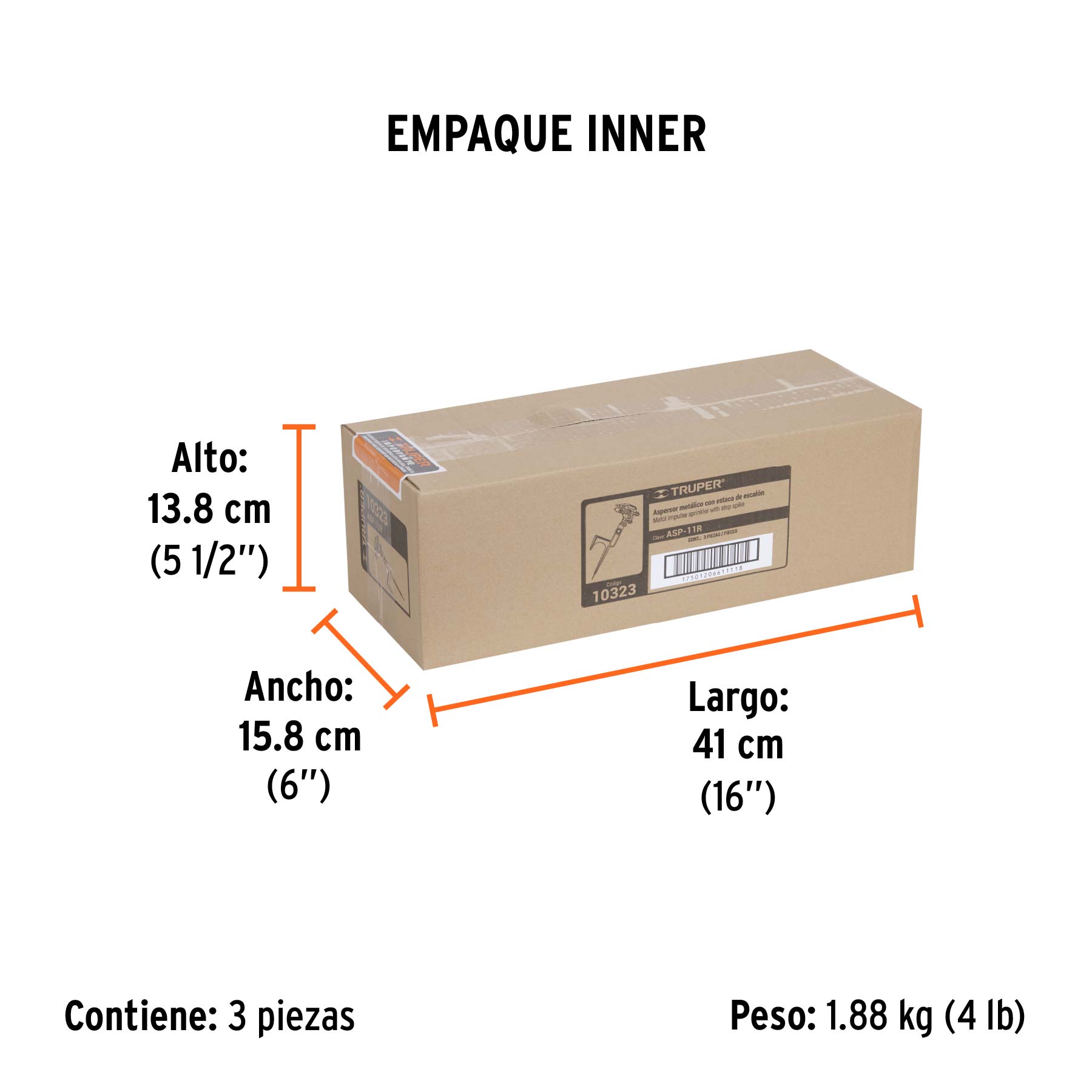 Aspersor metálico 14" dos vías, reforzado, estaca de escalón - Empaque