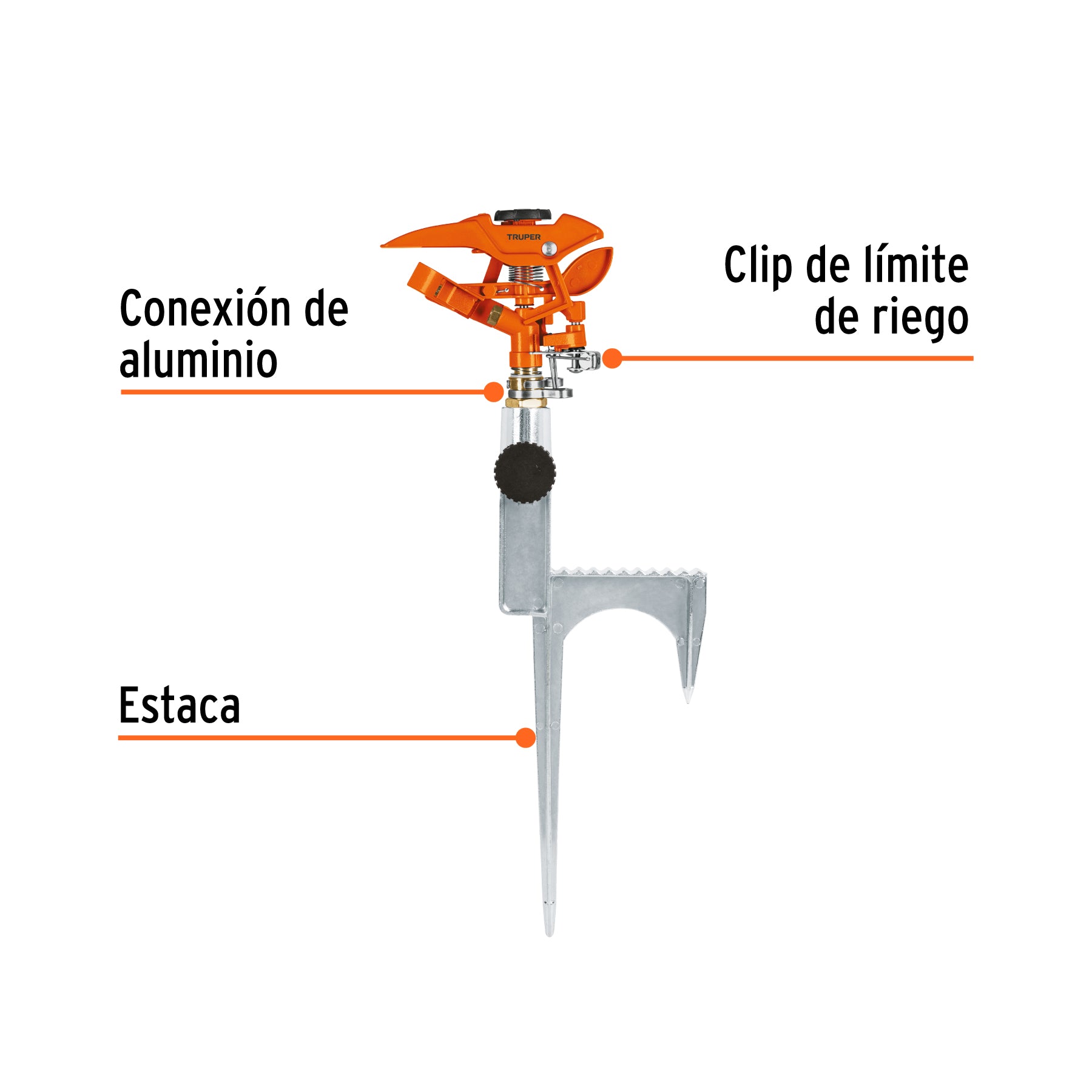 Aspersor metálico 14" dos vías, reforzado, estaca de escalón