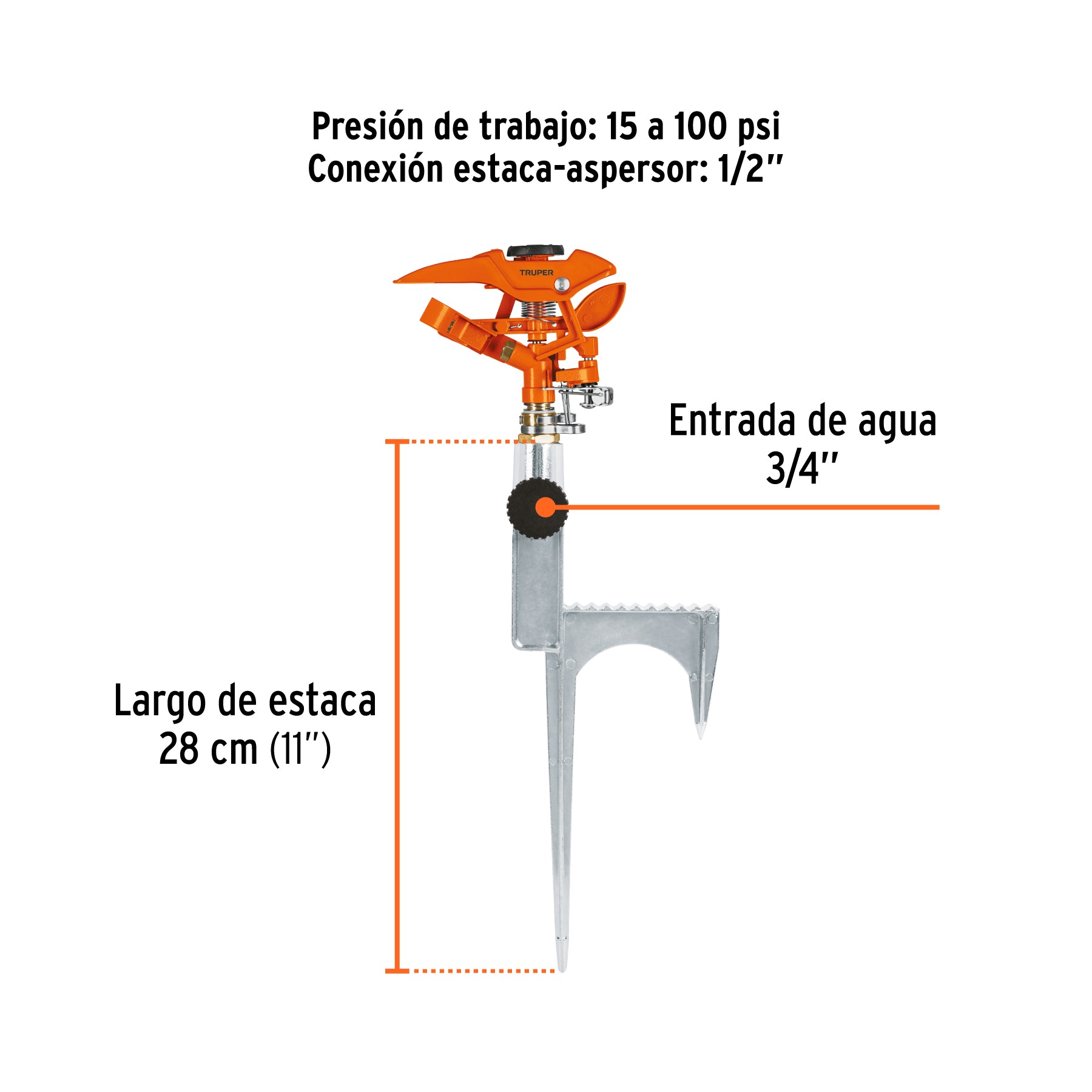 Aspersor metálico 14" dos vías, reforzado, estaca de escalón