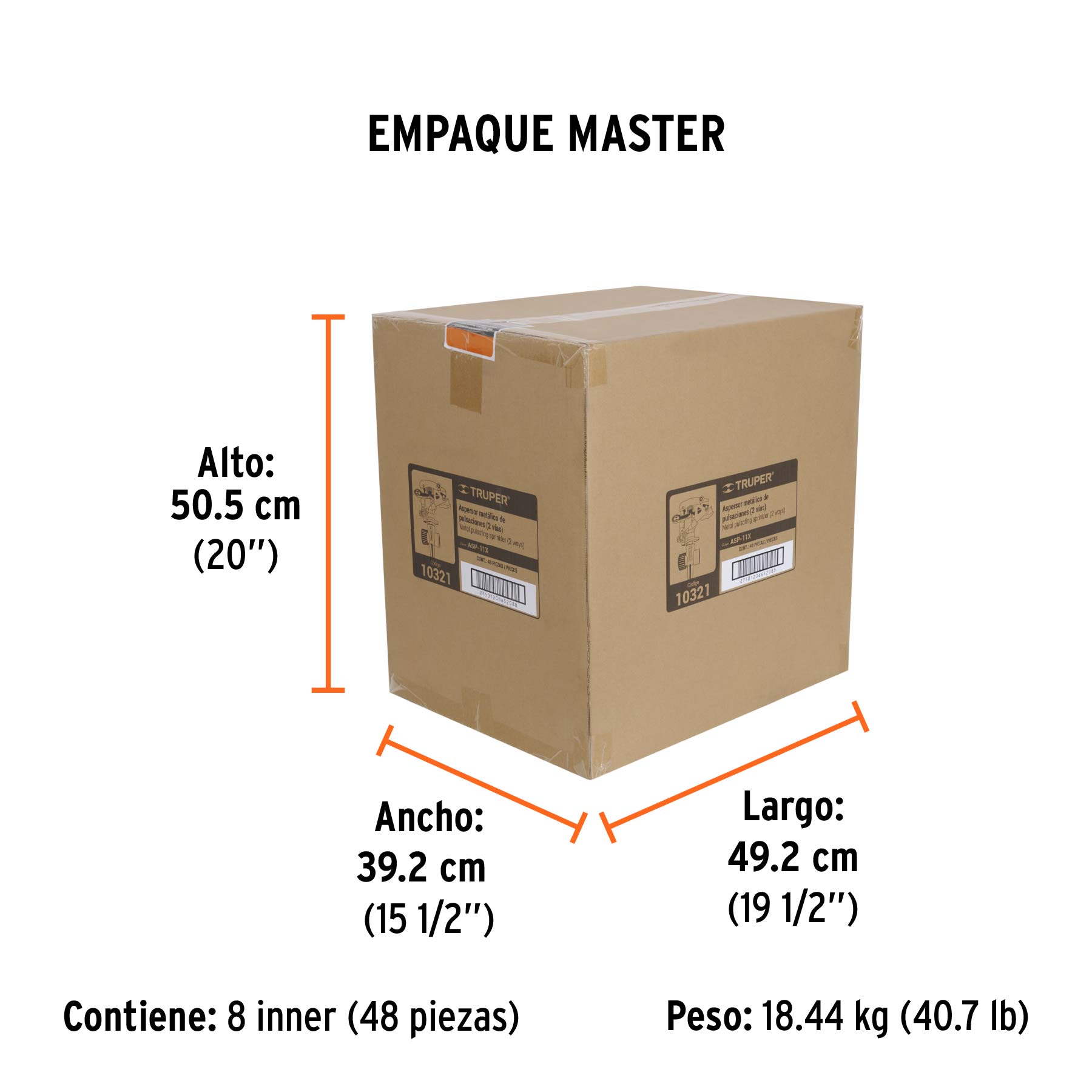 Aspersor metálico 11" dos vías, estaca metálica, TRUPER - Empaque