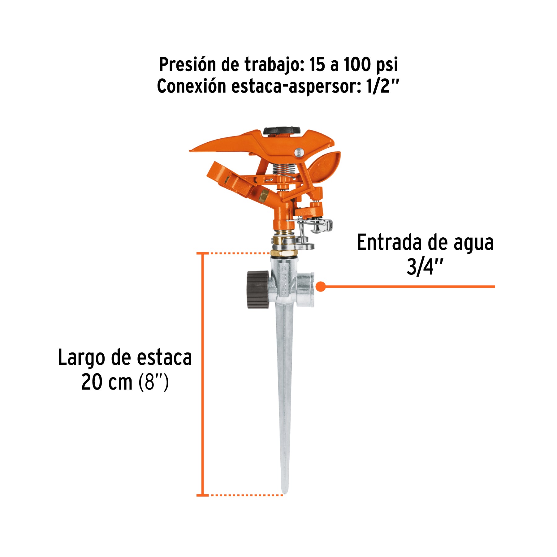 Aspersor metálico 11" dos vías, estaca metálica, TRUPER