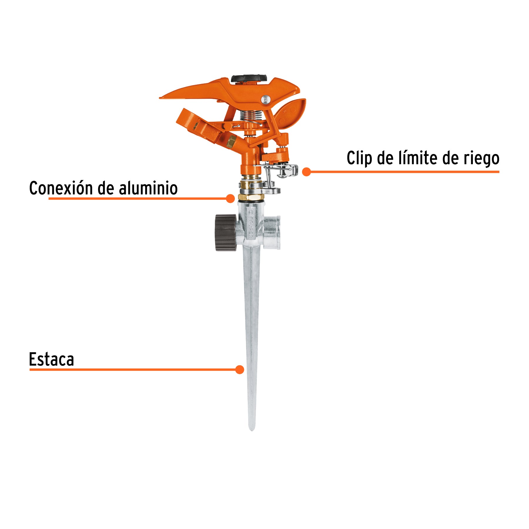 Aspersor metálico 11" dos vías, estaca metálica, TRUPER