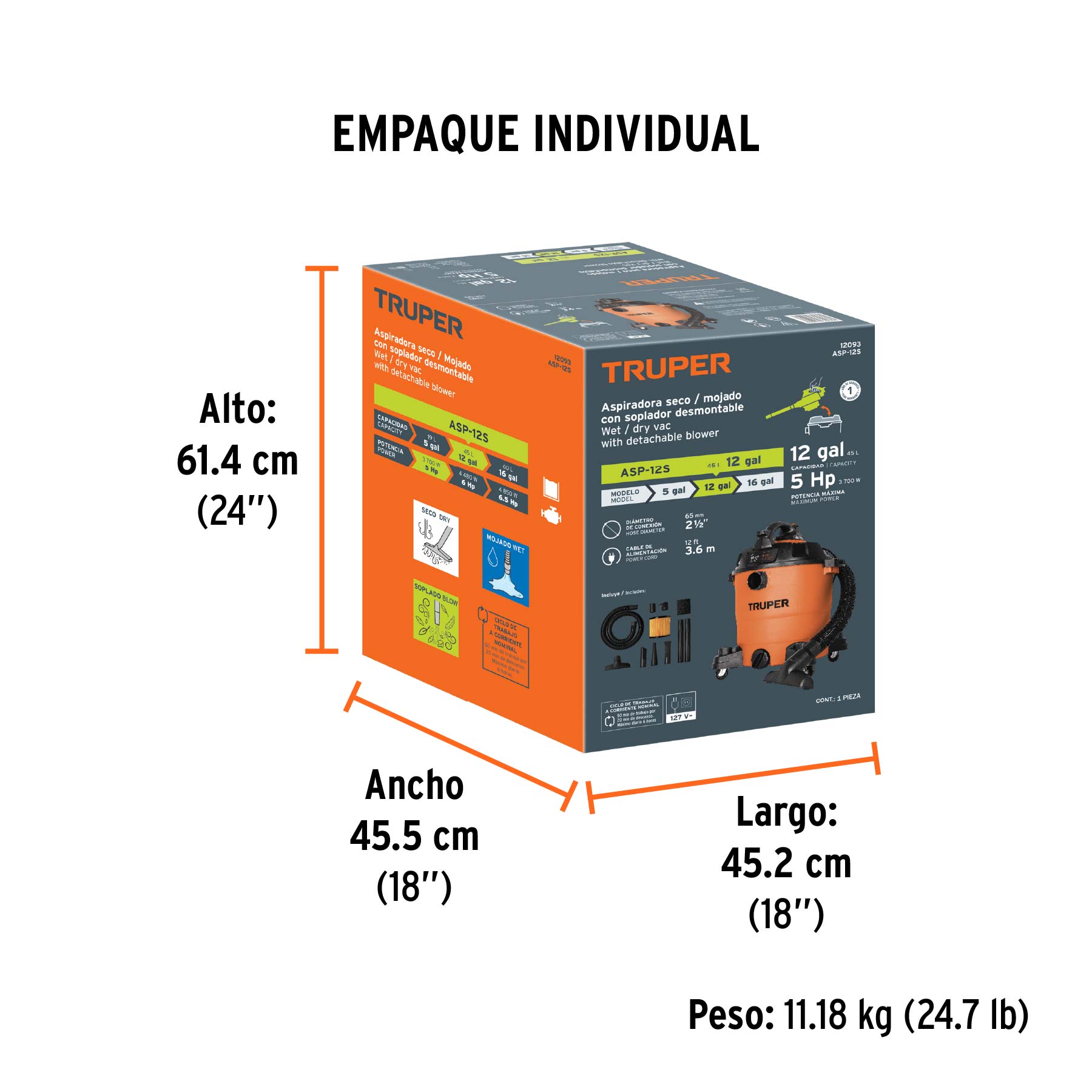 Aspiradora sólidos y líquidos, 12 gal, soplador desmontable - Empaque