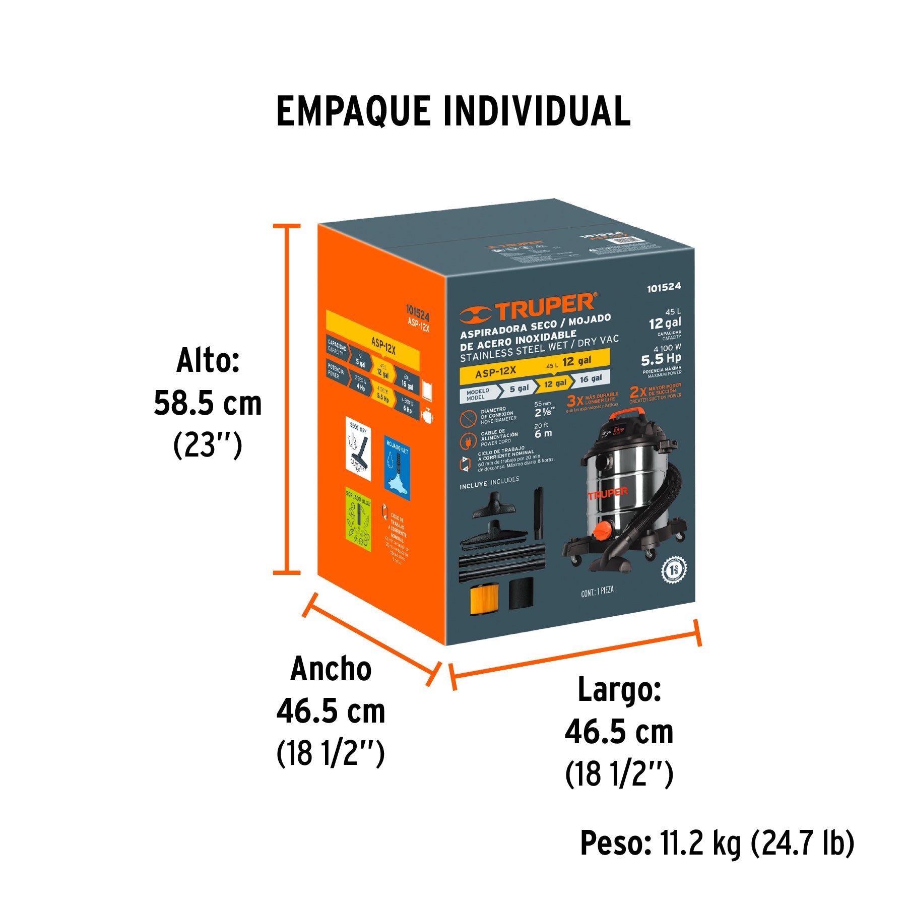 Aspiradora de sólidos y líquidos, 12 gal, acero inox, TRUPER - Empaque