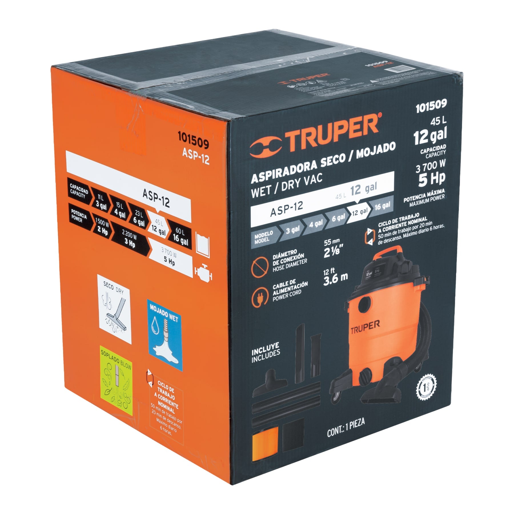 Aspiradora de sólidos y líquidos, 12 gal, plástica, TRUPER