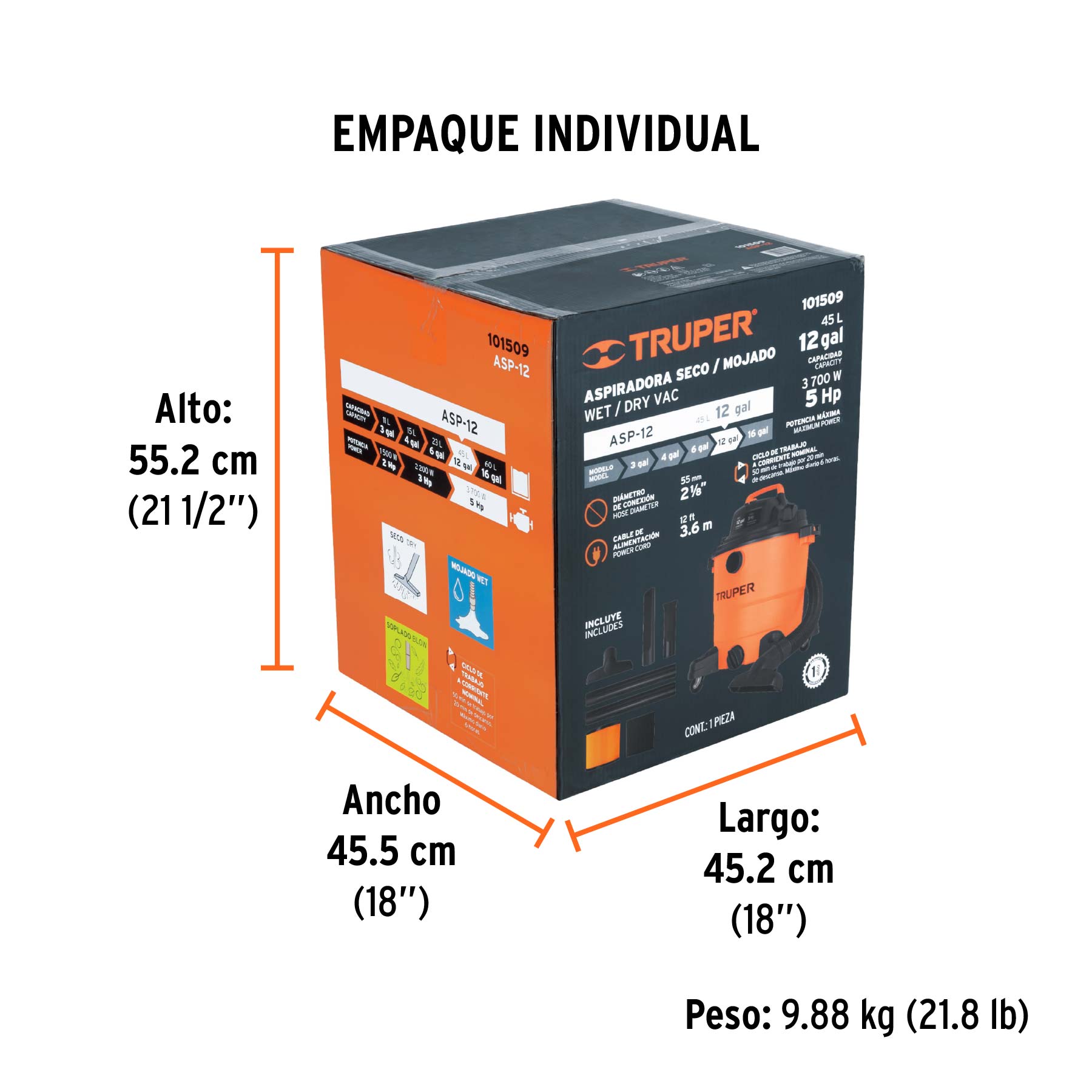 Aspiradora de sólidos y líquidos, 12 gal, plástica, TRUPER - Empaque
