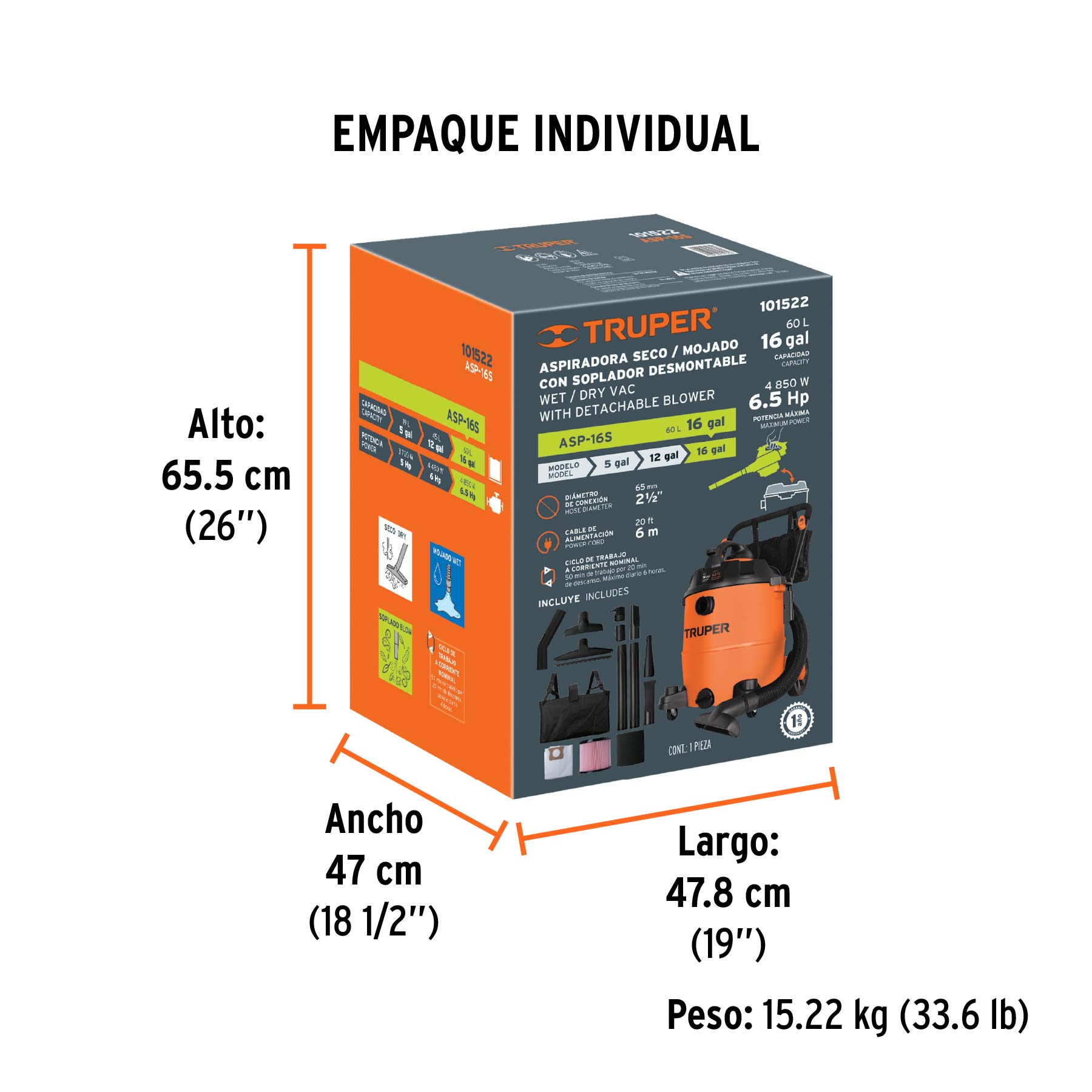 Aspiradora sólidos y líquidos, 16 gal, soplador desmontable - Empaque