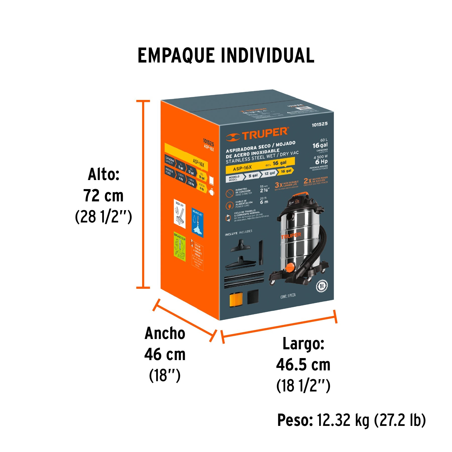 Aspiradora de sólidos y líquidos, 16 gal, acero inox, TRUPER - Empaque