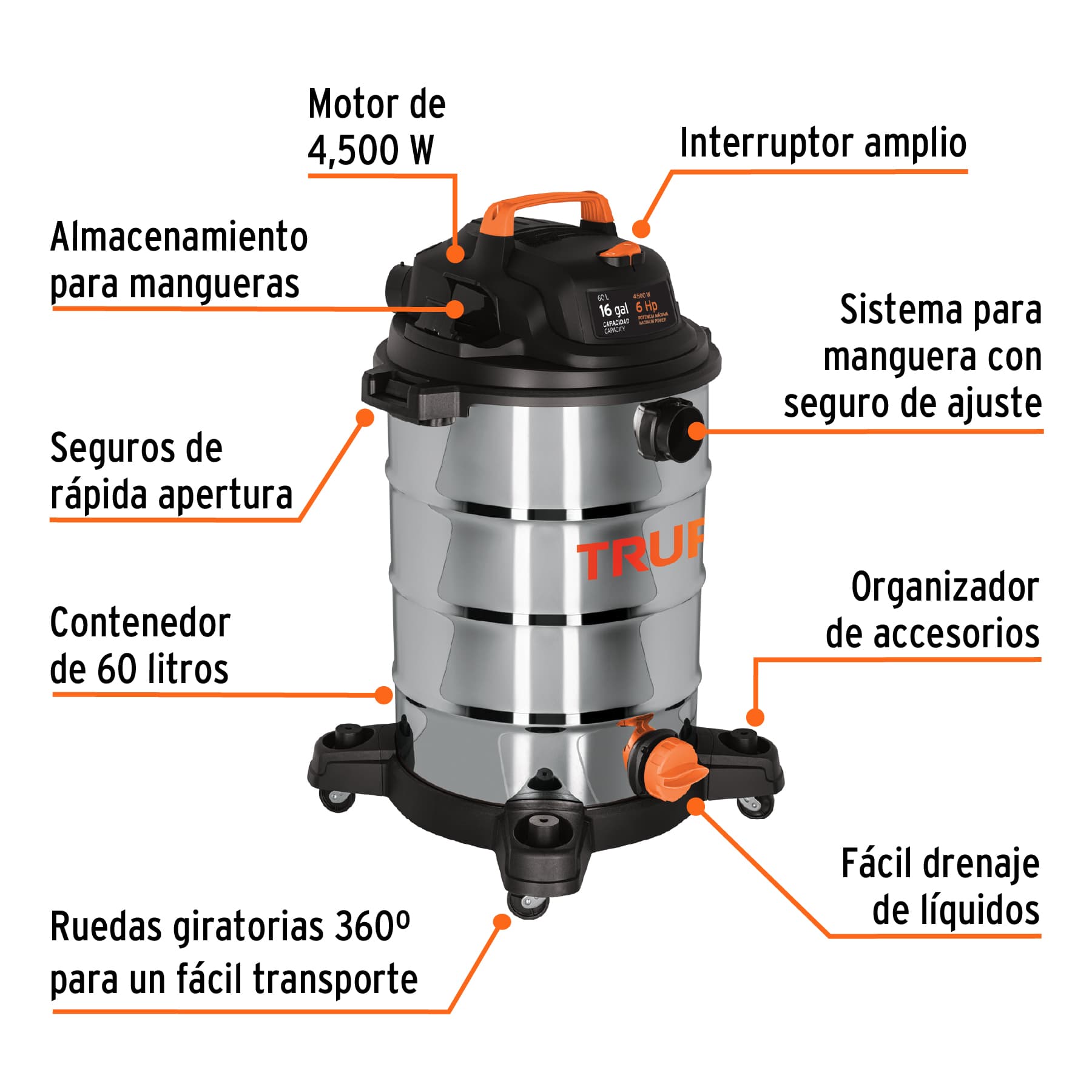 Aspiradora de sólidos y líquidos, 16 gal, acero inox, TRUPER