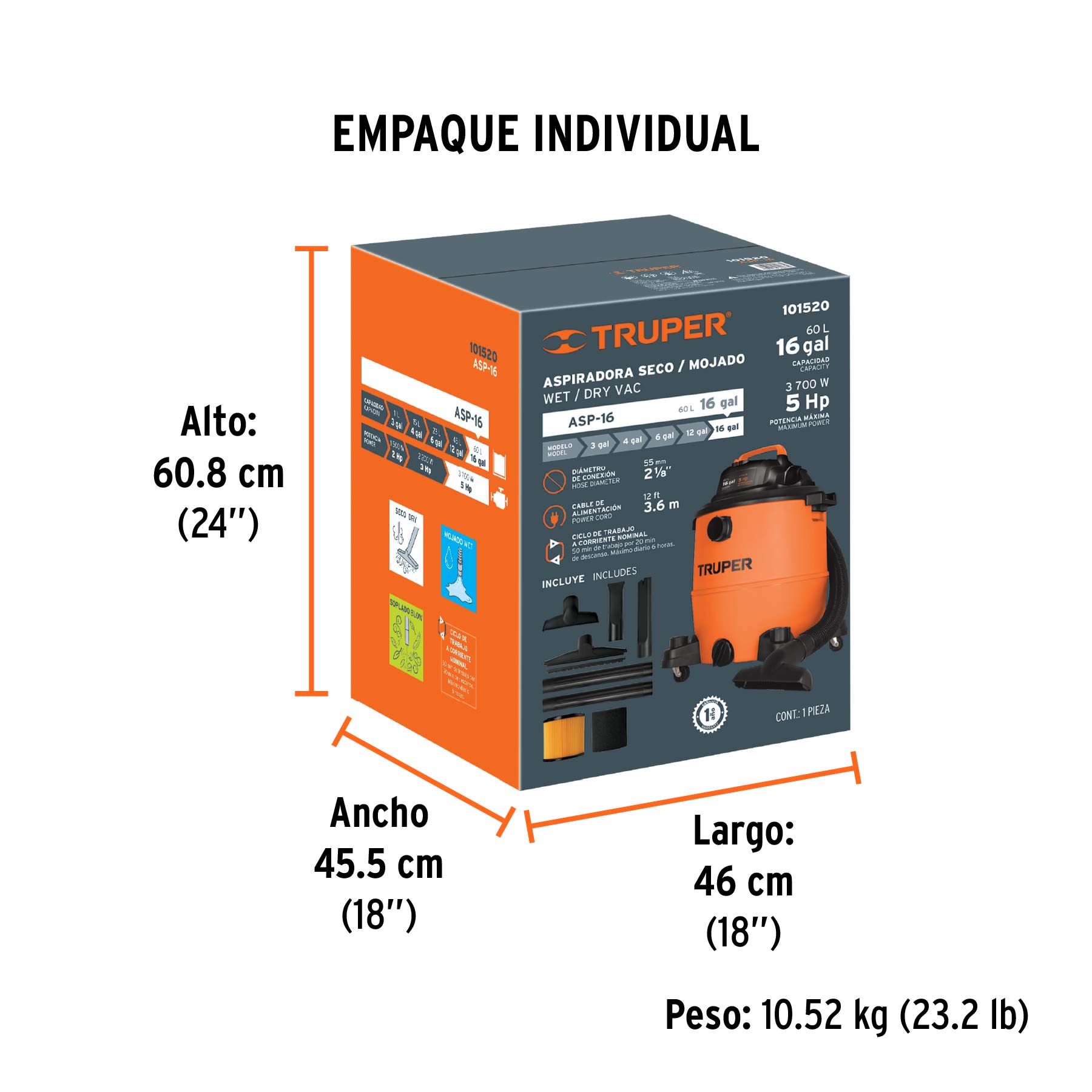Aspiradora de sólidos y líquidos, 16 gal, plástica, TRUPER - Empaque